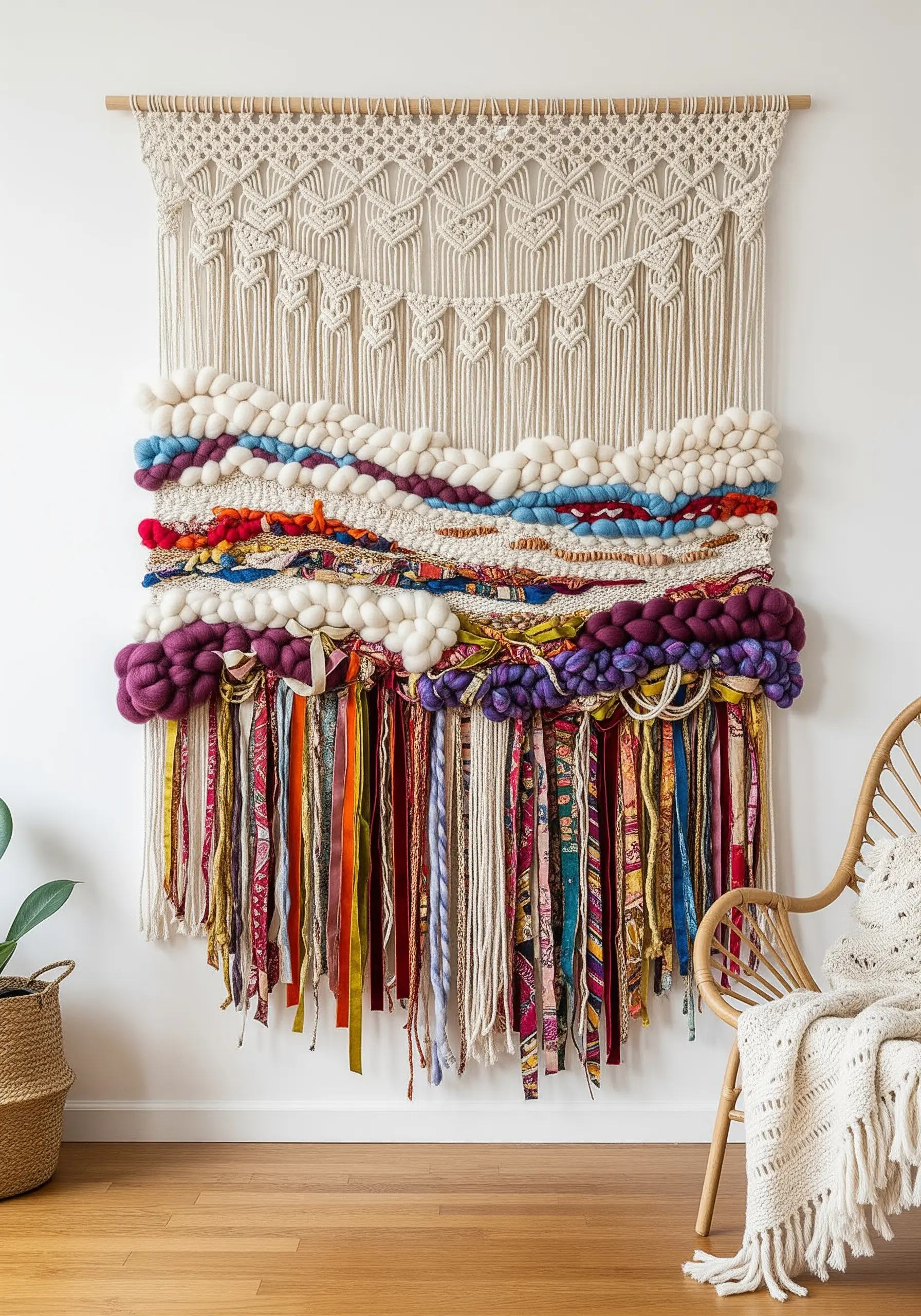 A large woven wall hanging combining macrame, chunky wool, and colorful fabric scraps.