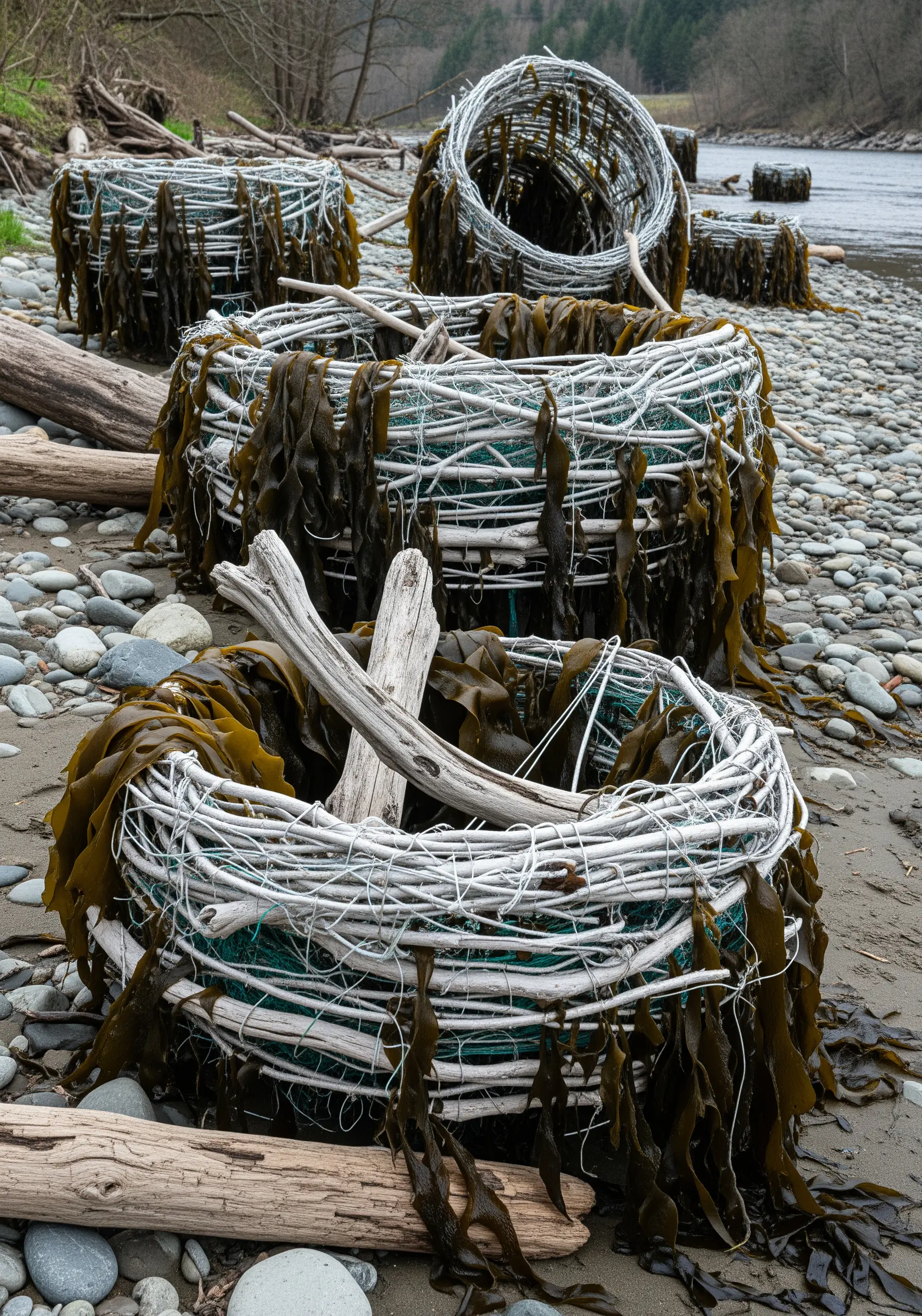 Woven basket-like sculptures made from wire and natural vines, draped with seaweed on a riverbank.