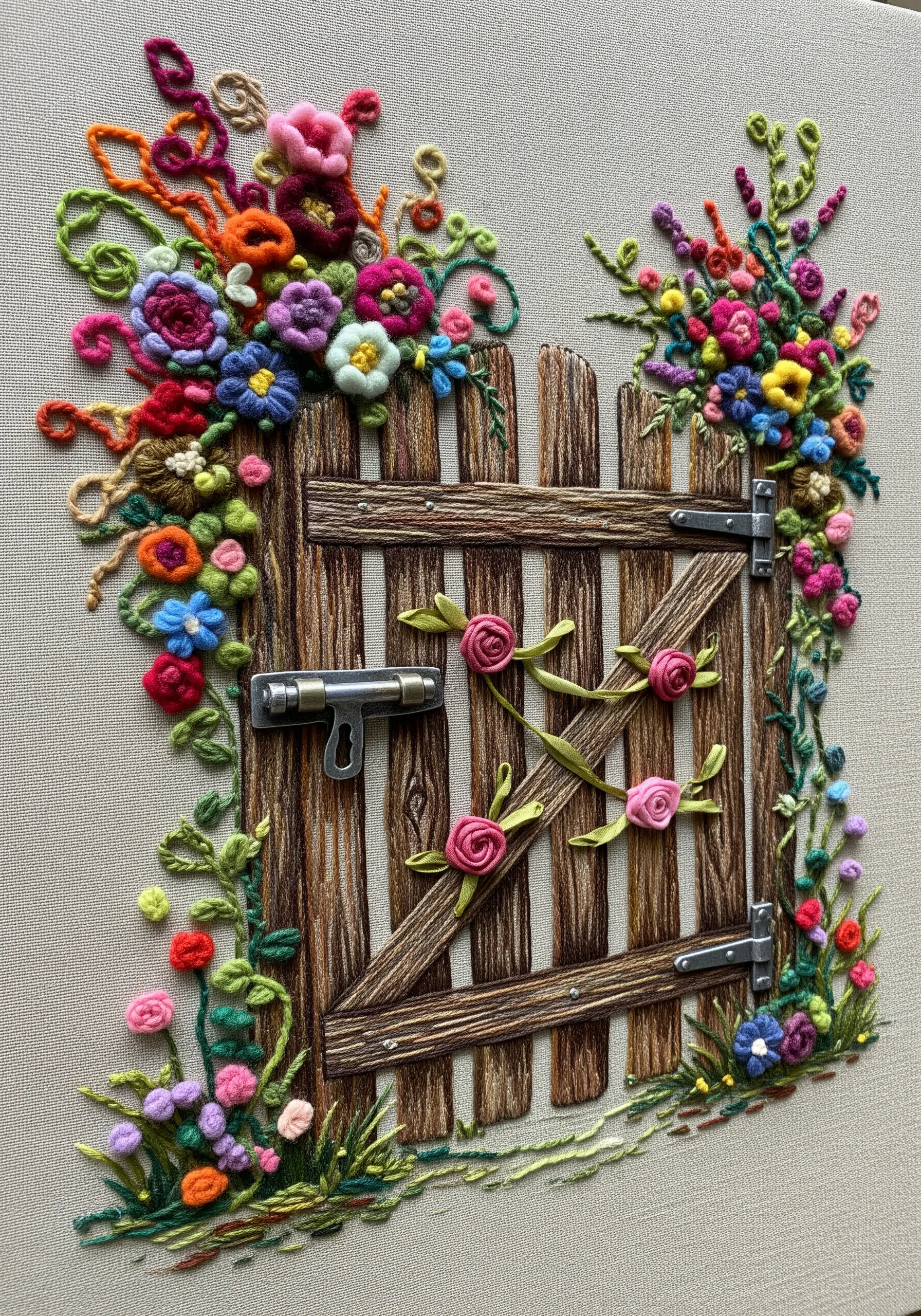 An embroidered garden gate with a real metal latch, surrounded by colorful 3D yarn and ribbon flowers.