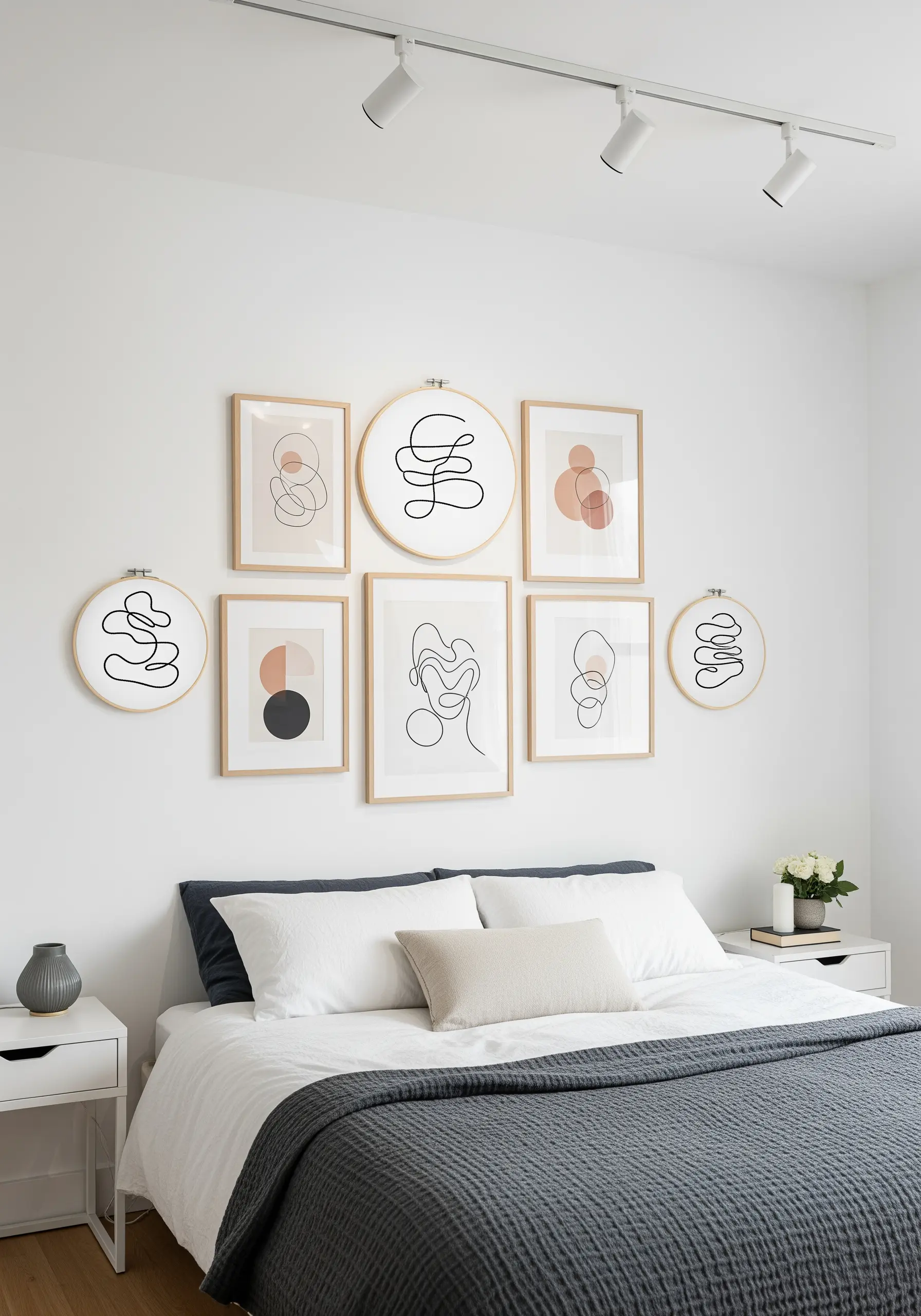 A bedroom gallery wall mixing abstract embroidery hoops with framed line art prints.
