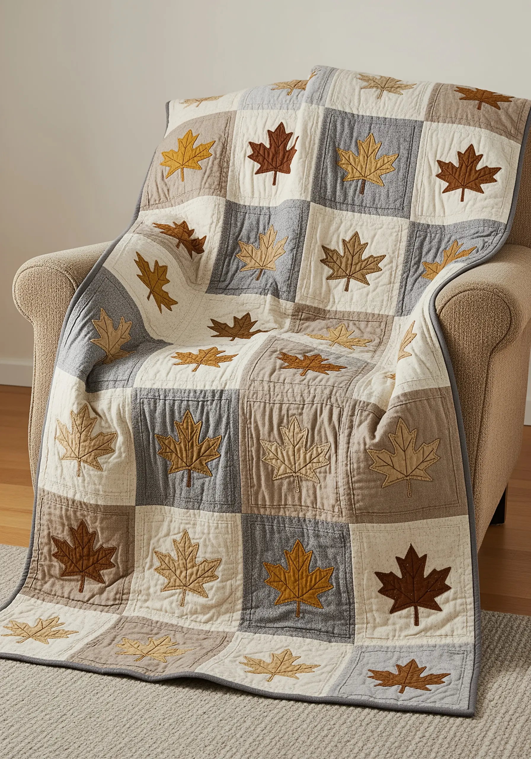 A quilted blanket with a checkerboard pattern, featuring embroidered maple leaves on each square.