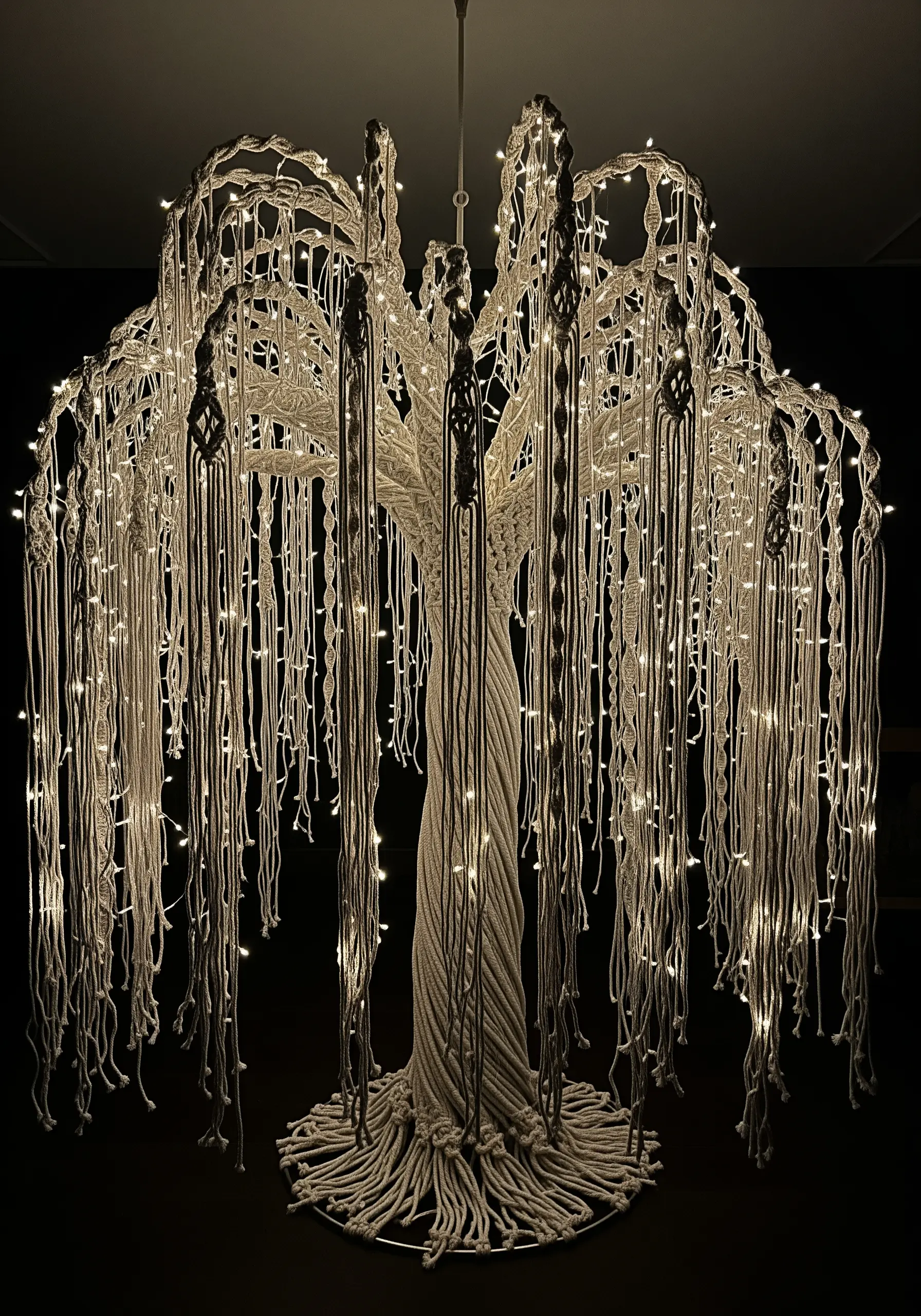 Fine fairy light wire couched onto fabric, with tiny lights glowing.