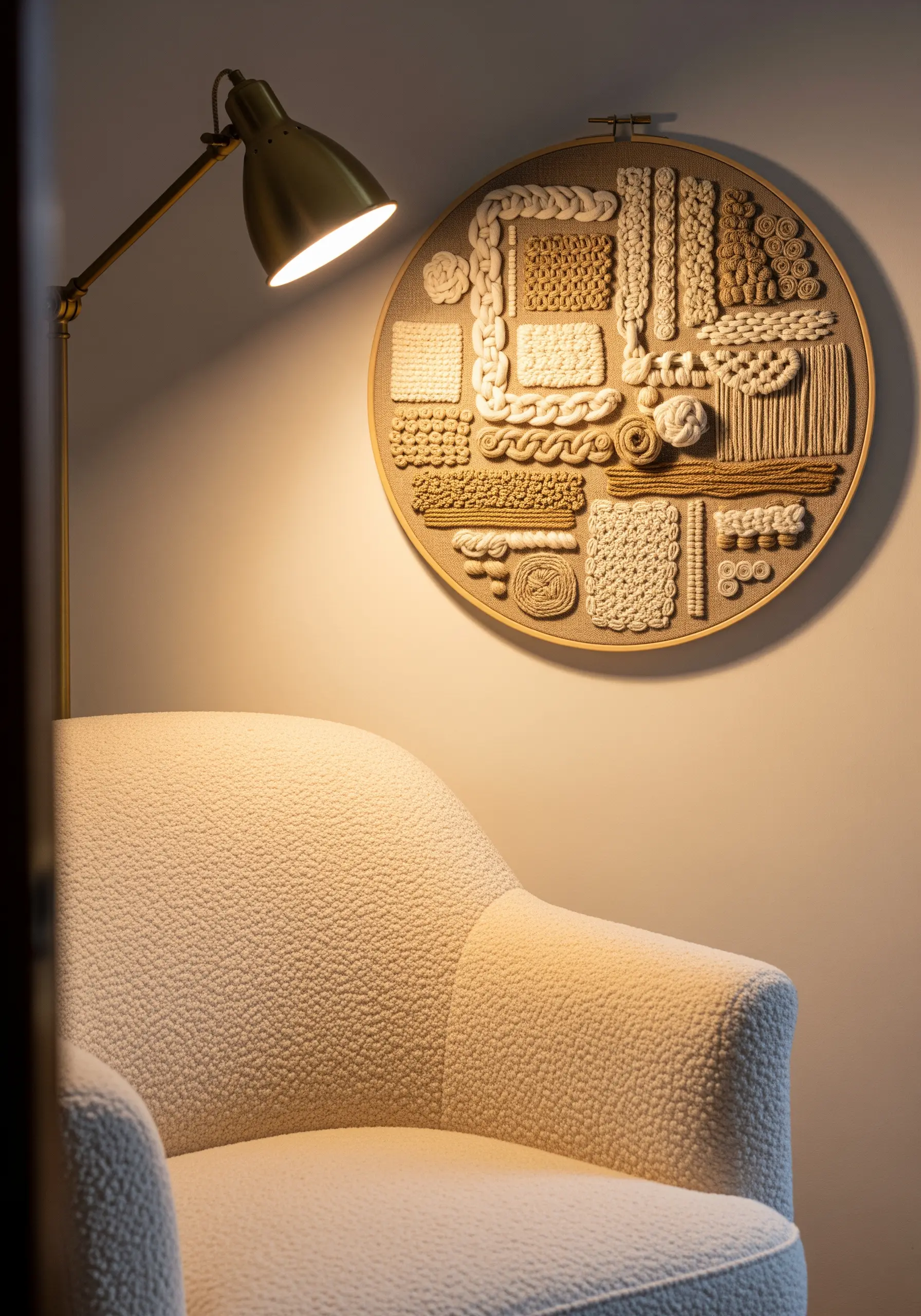 Embroidery hoop art featuring chunky, macrame-style knots and braids in neutral tones.