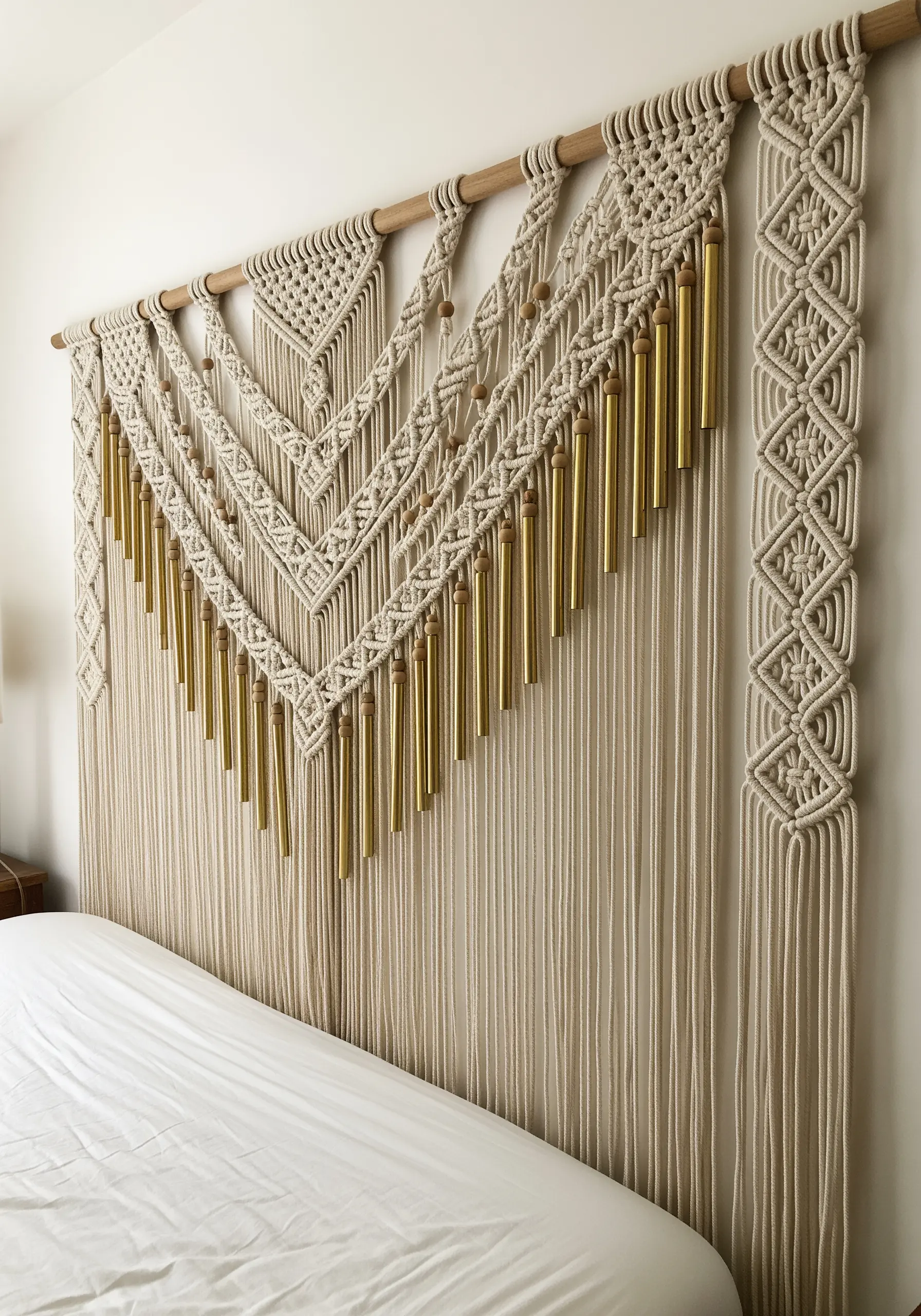 Large macrame wall hanging above a bed, featuring integrated gold metal tubes.