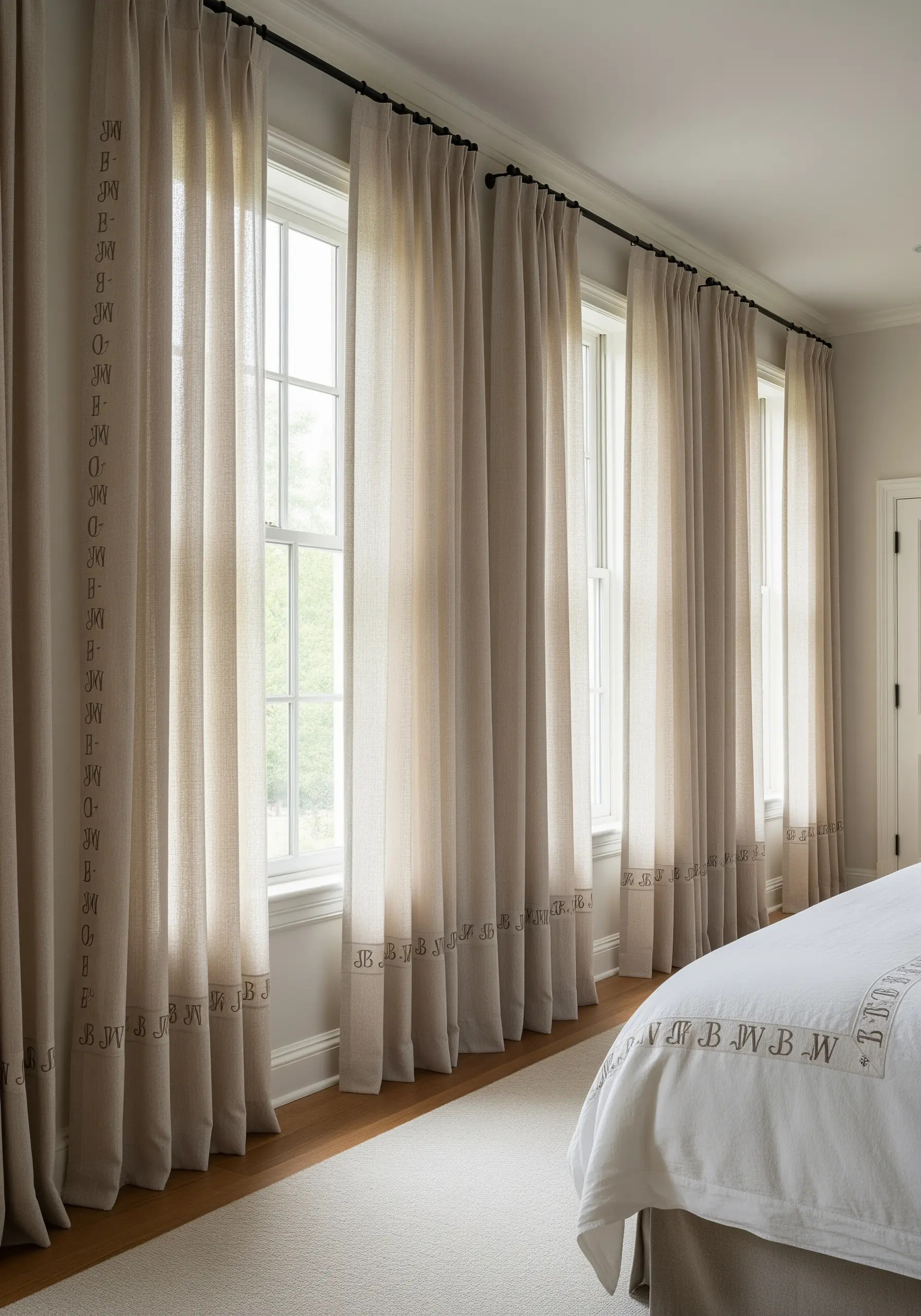 A repeating vertical monogram border stitched along the edge of sheer linen curtains.