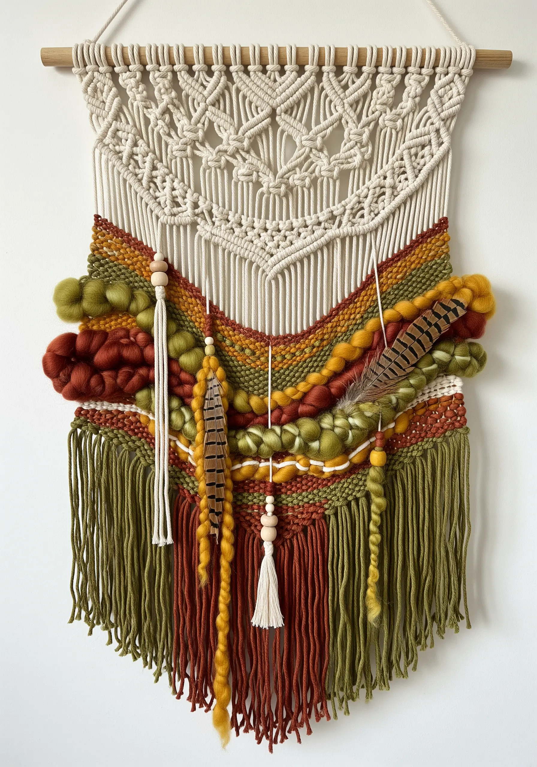 Earthy-toned woven wall hanging featuring macrame, thick yarn, wooden beads, and feathers.