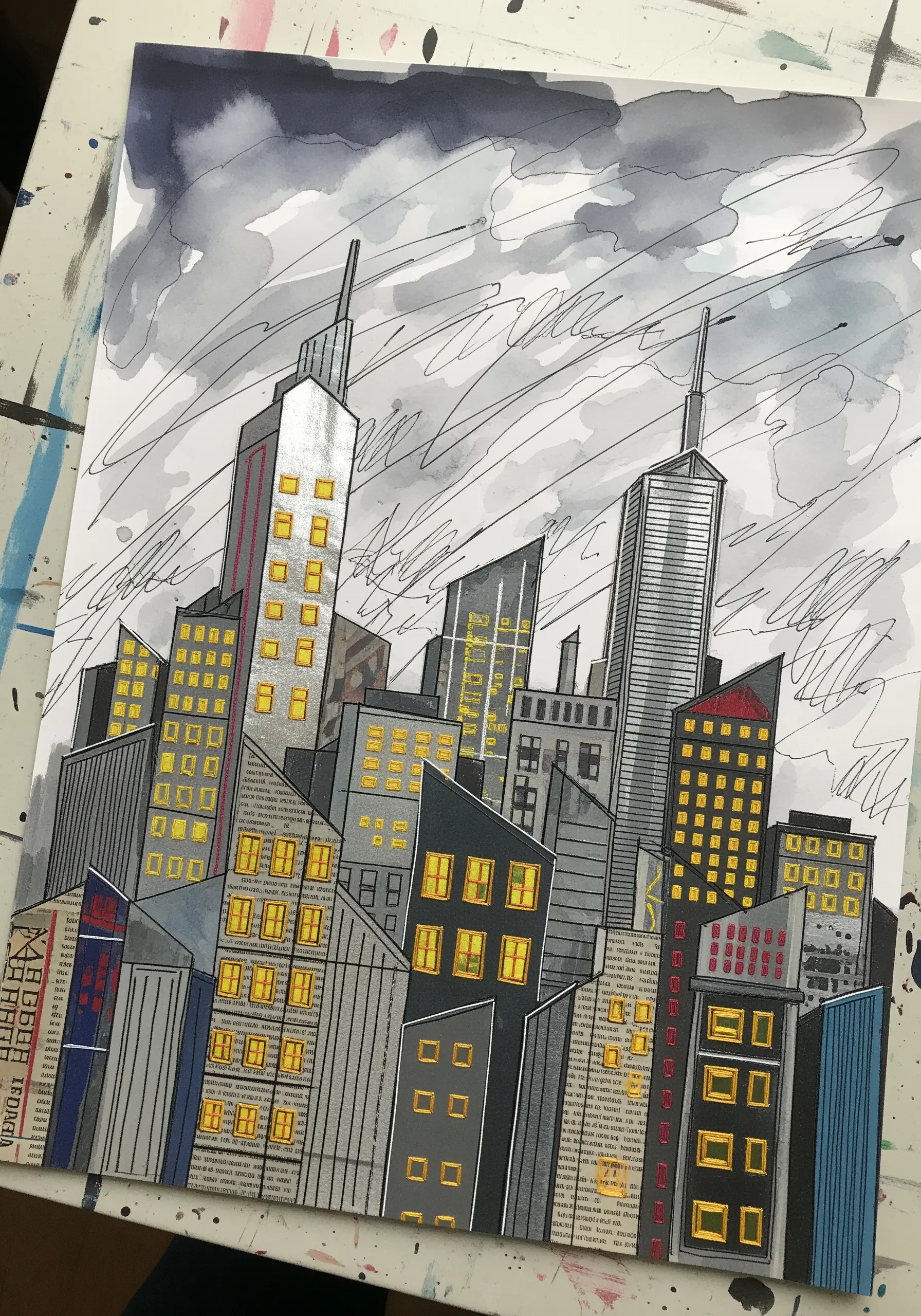 A cityscape illustration where buildings are collaged with newspaper and metallic paper.