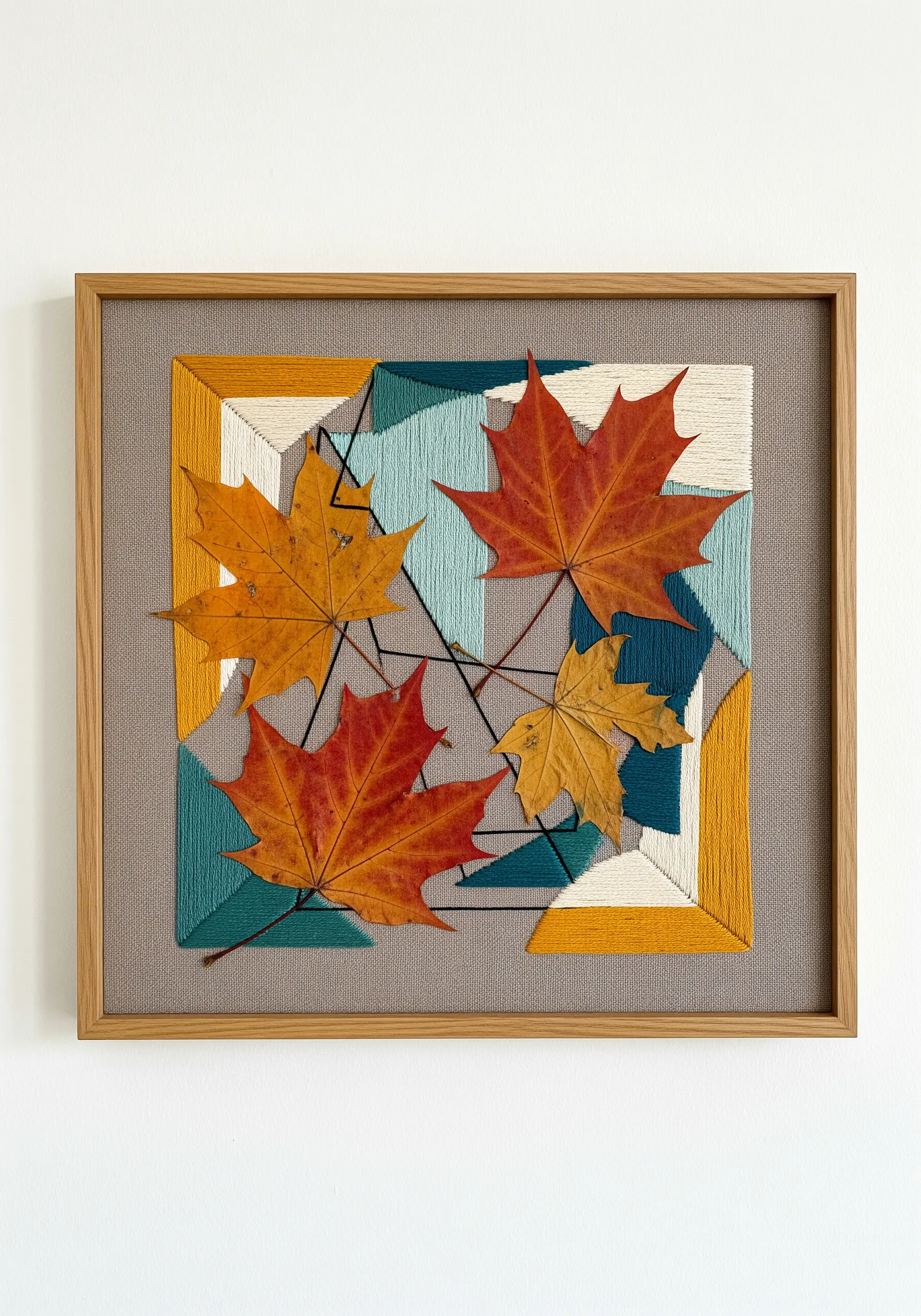 Pressed autumn maple leaves stitched over a background of geometric satin stitch blocks.