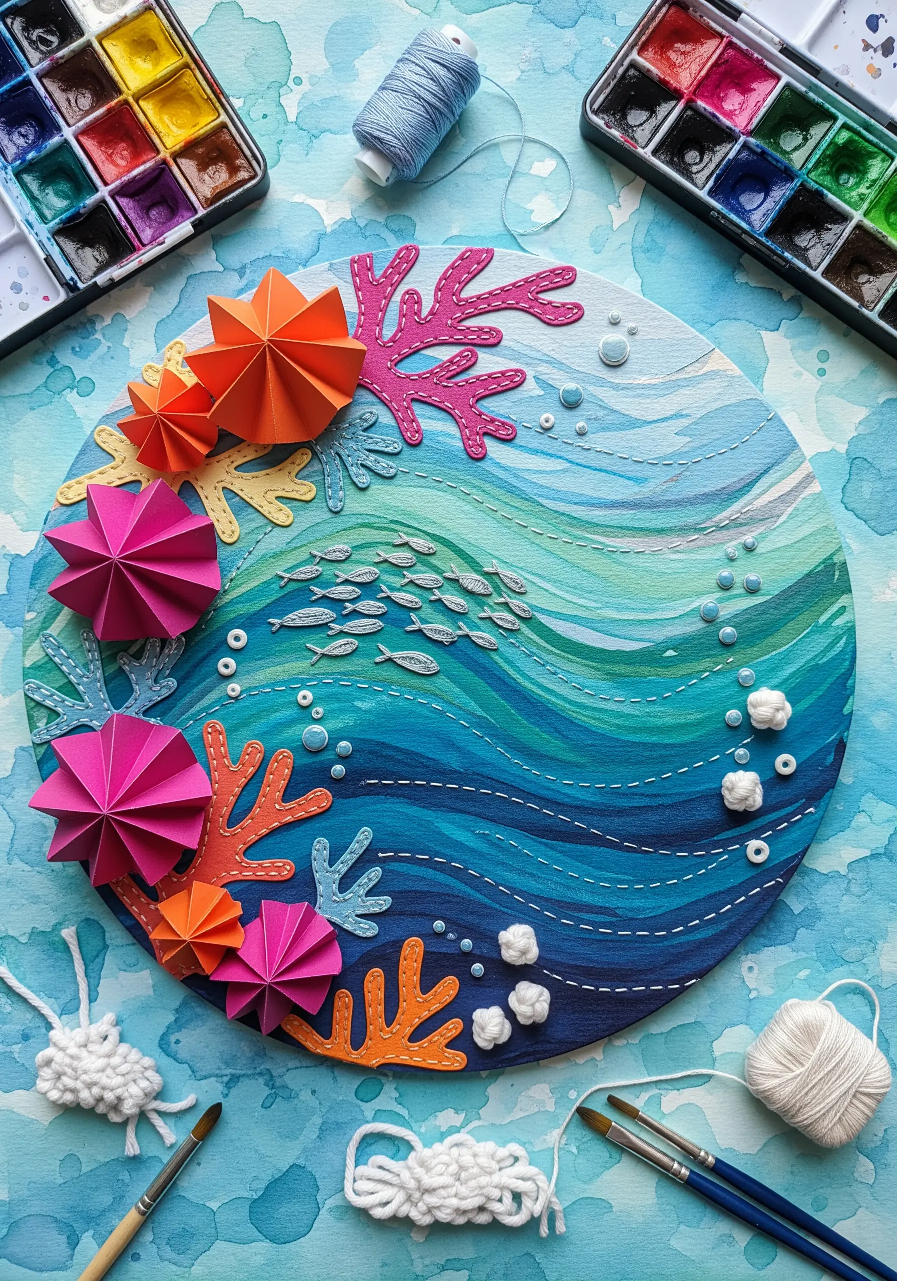 An underwater scene on a painted blue canvas, featuring 3D origami coral and stitched details.
