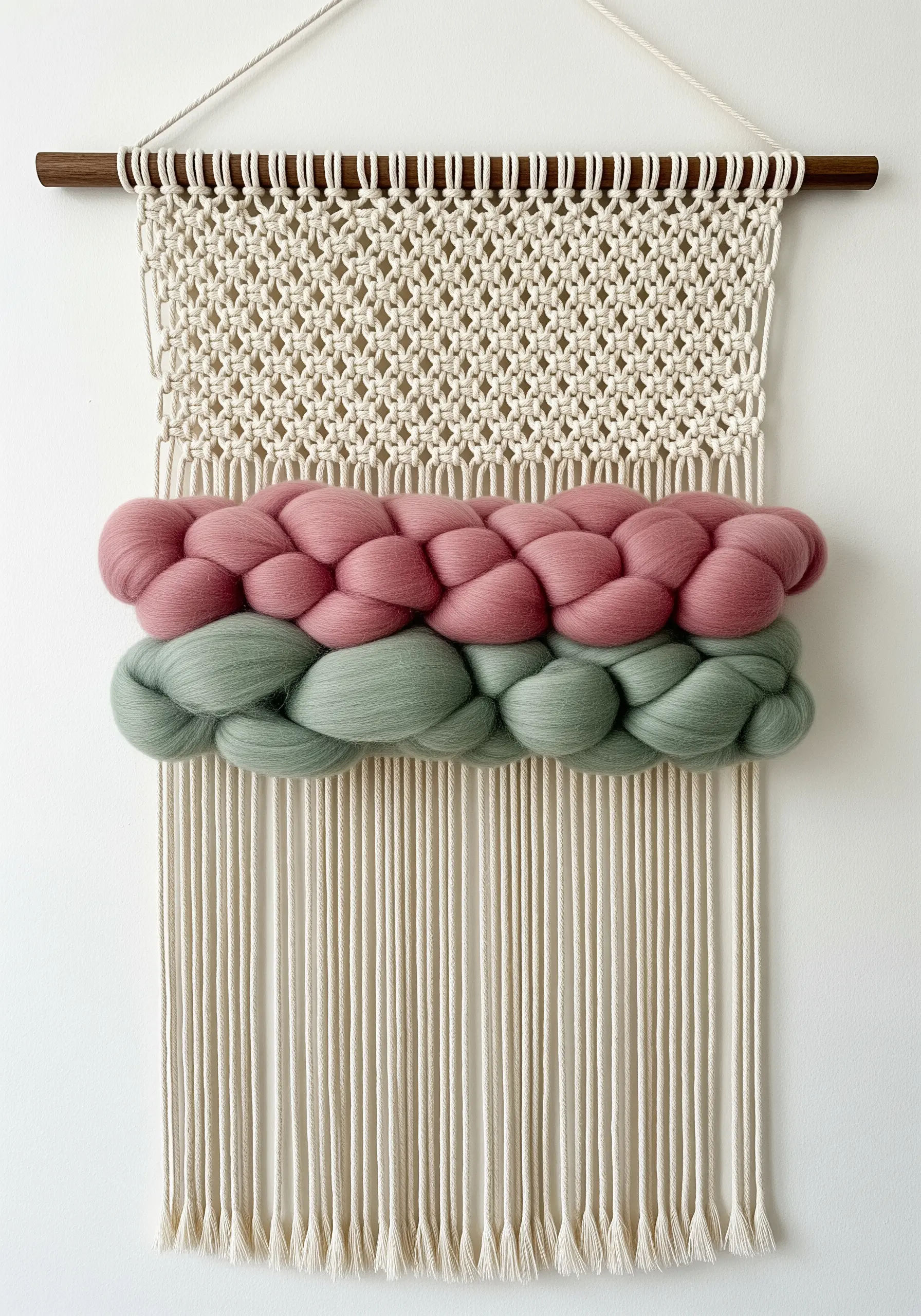 Macrame wall hanging featuring sections of woven chunky pink and green wool roving.