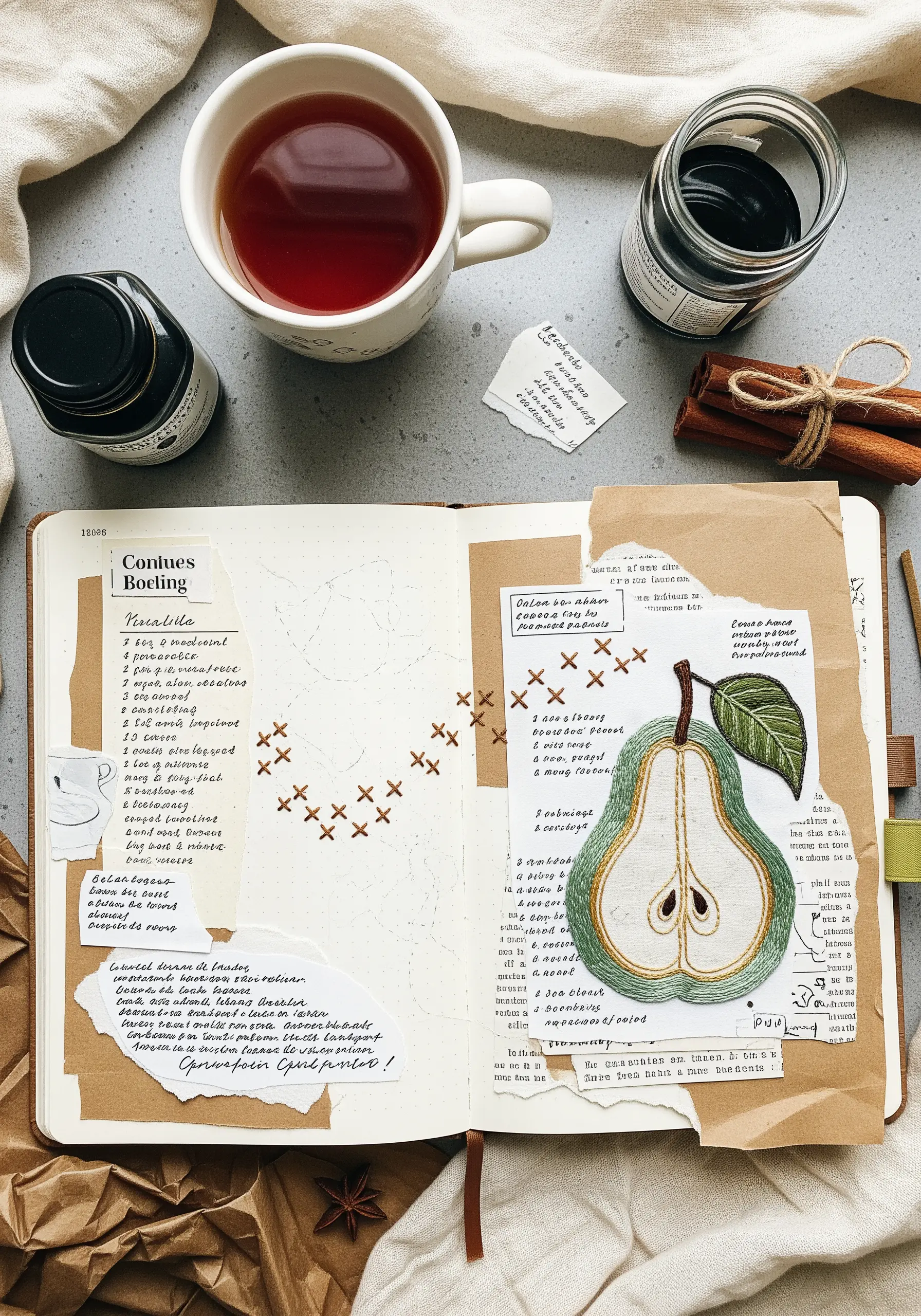 An open journal with collaged paper, handwritten notes, and a stitched pear appliqué.