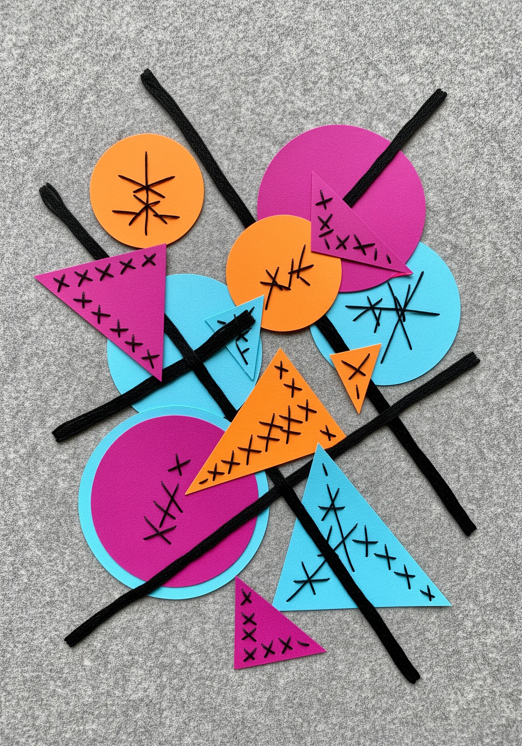 Abstract collage of geometric paper shapes embellished with simple, graphic black stitches.