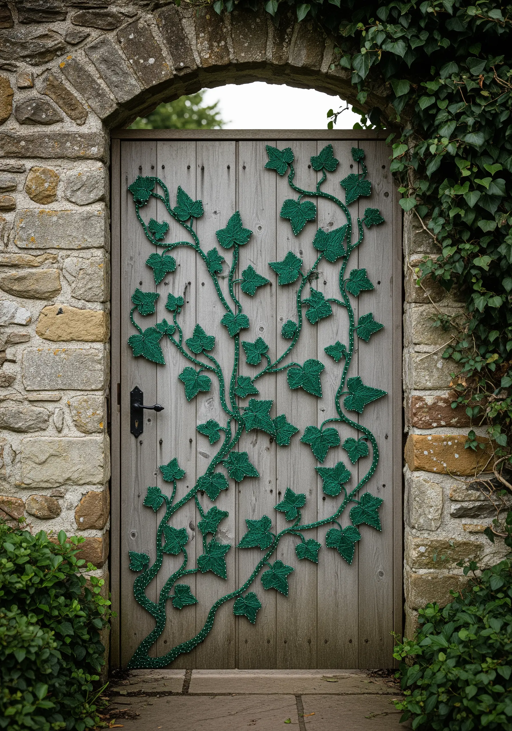String art of dark green ivy vines climbing up a rustic wooden door in a stone archway.