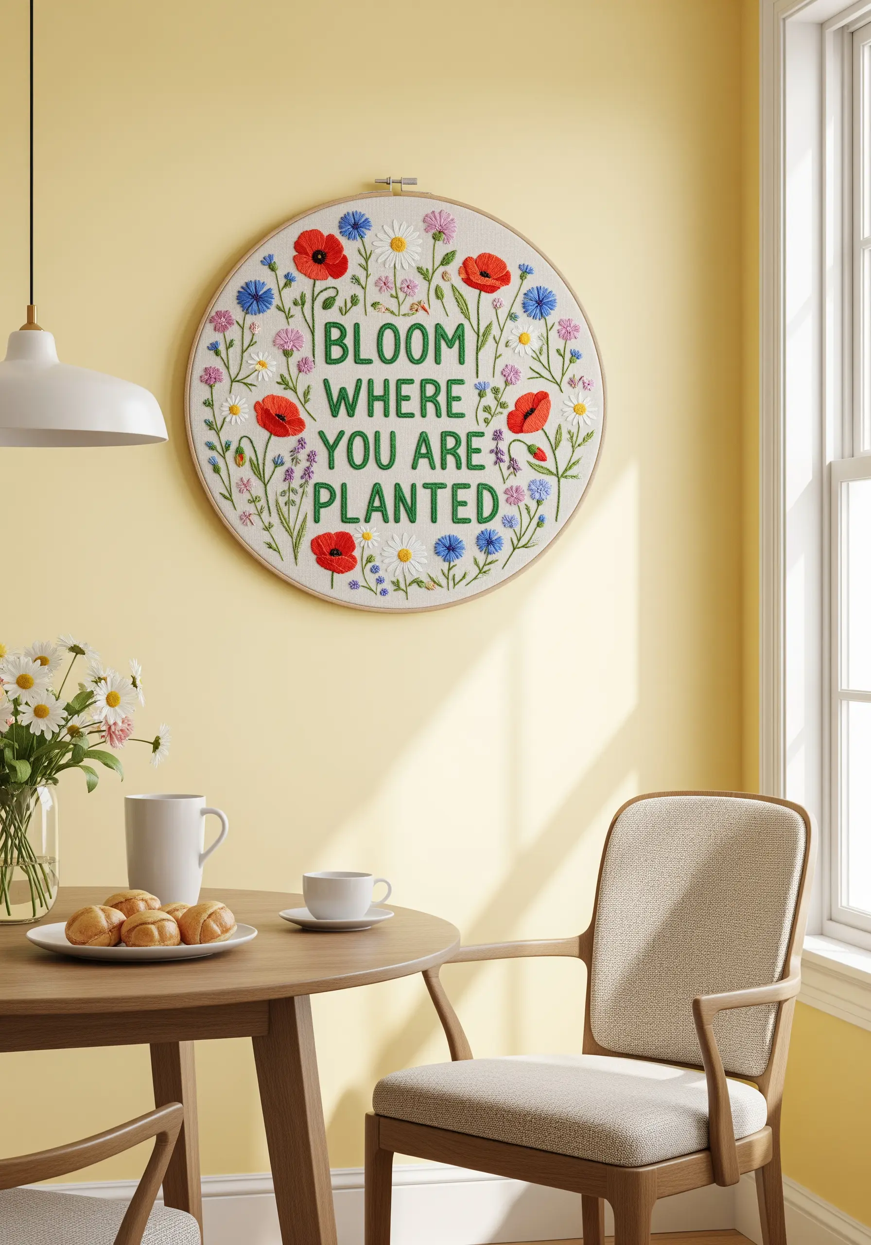 A quote embroidered in green block letters, surrounded by a dense meadow of colorful wildflowers.