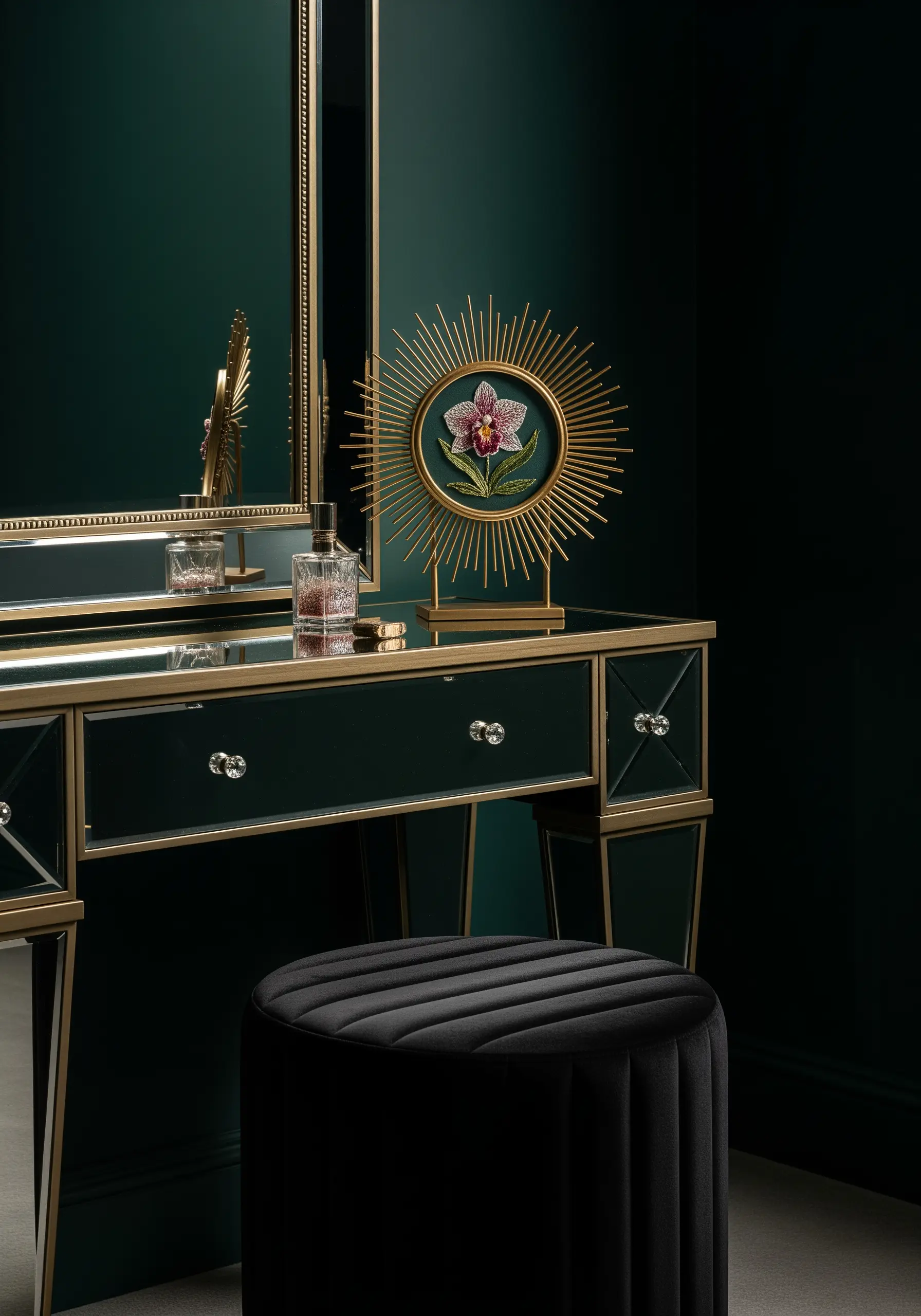 A single embroidered orchid in a dramatic gold sunburst-style frame on a dark green vanity.