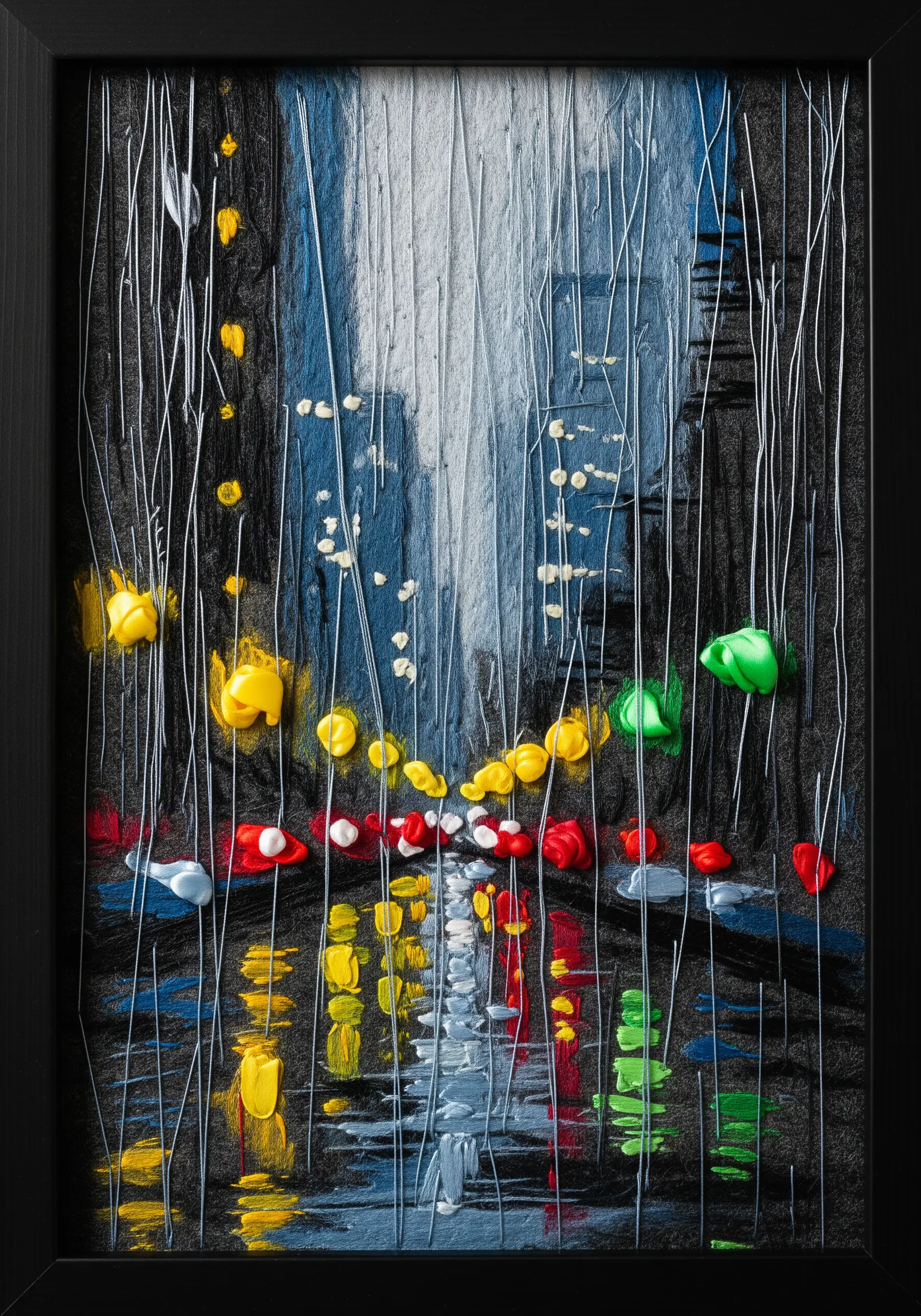 Mixed-media art of a rainy city street using thick paint and long thread stitches.