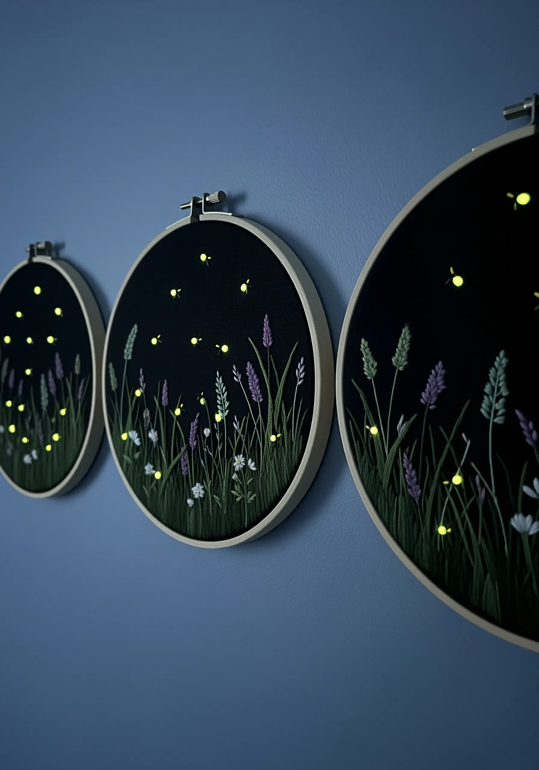 Three embroidery hoops depicting a nighttime meadow with glowing fireflies.