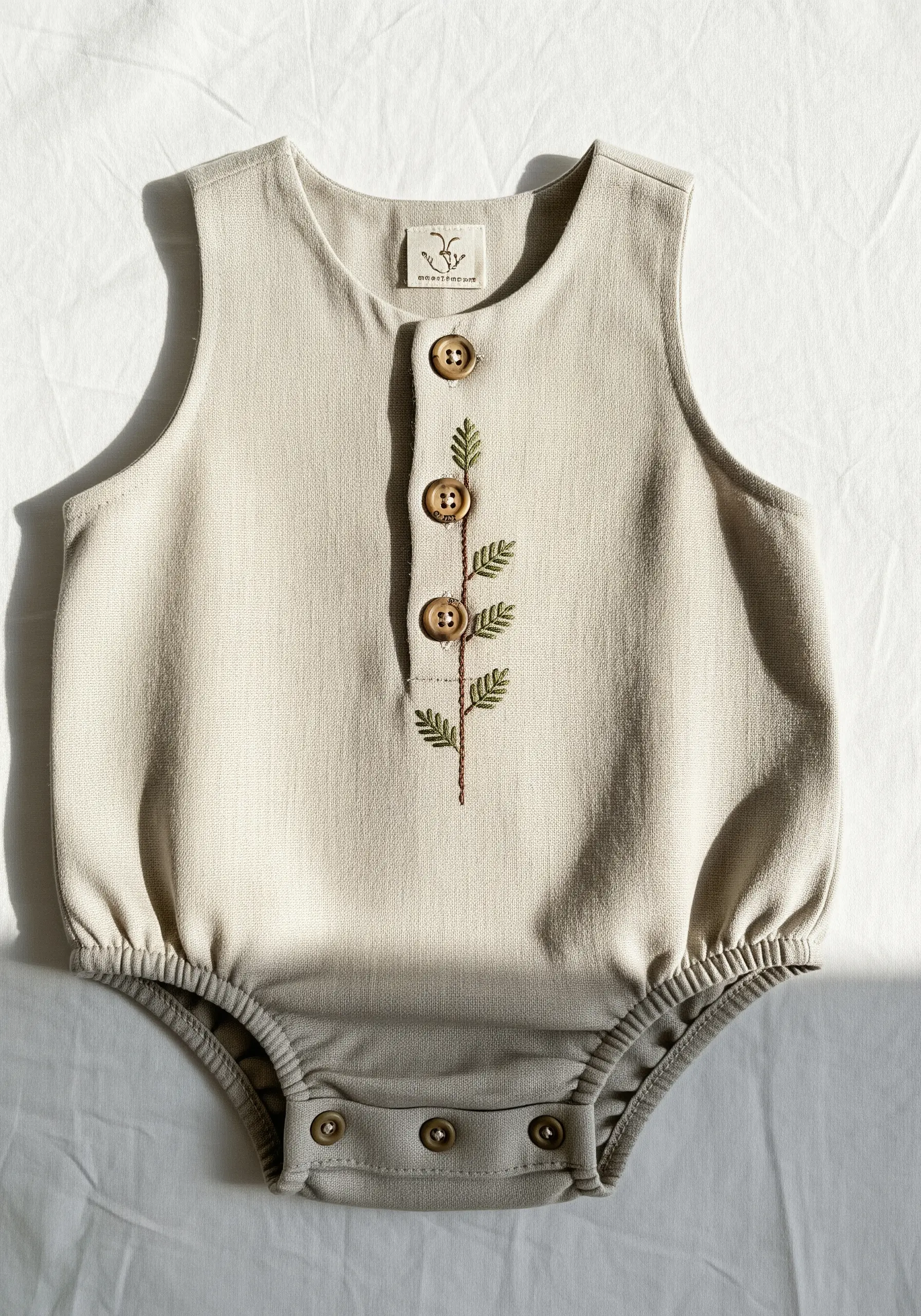 An embroidered green vine with leaves stitched along the button placket of a linen romper.