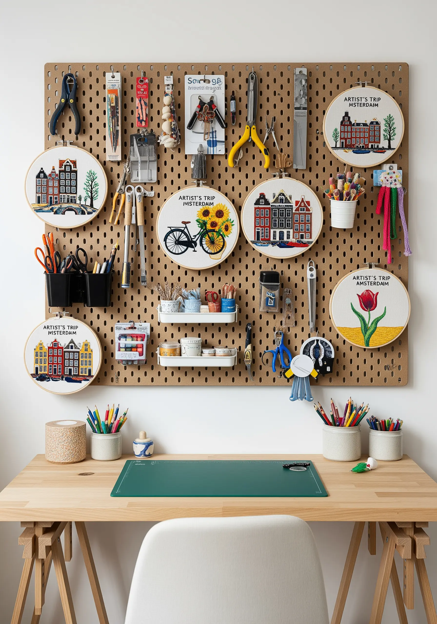 Amsterdam-themed embroidery hoops displayed on a craft room pegboard among art supplies.