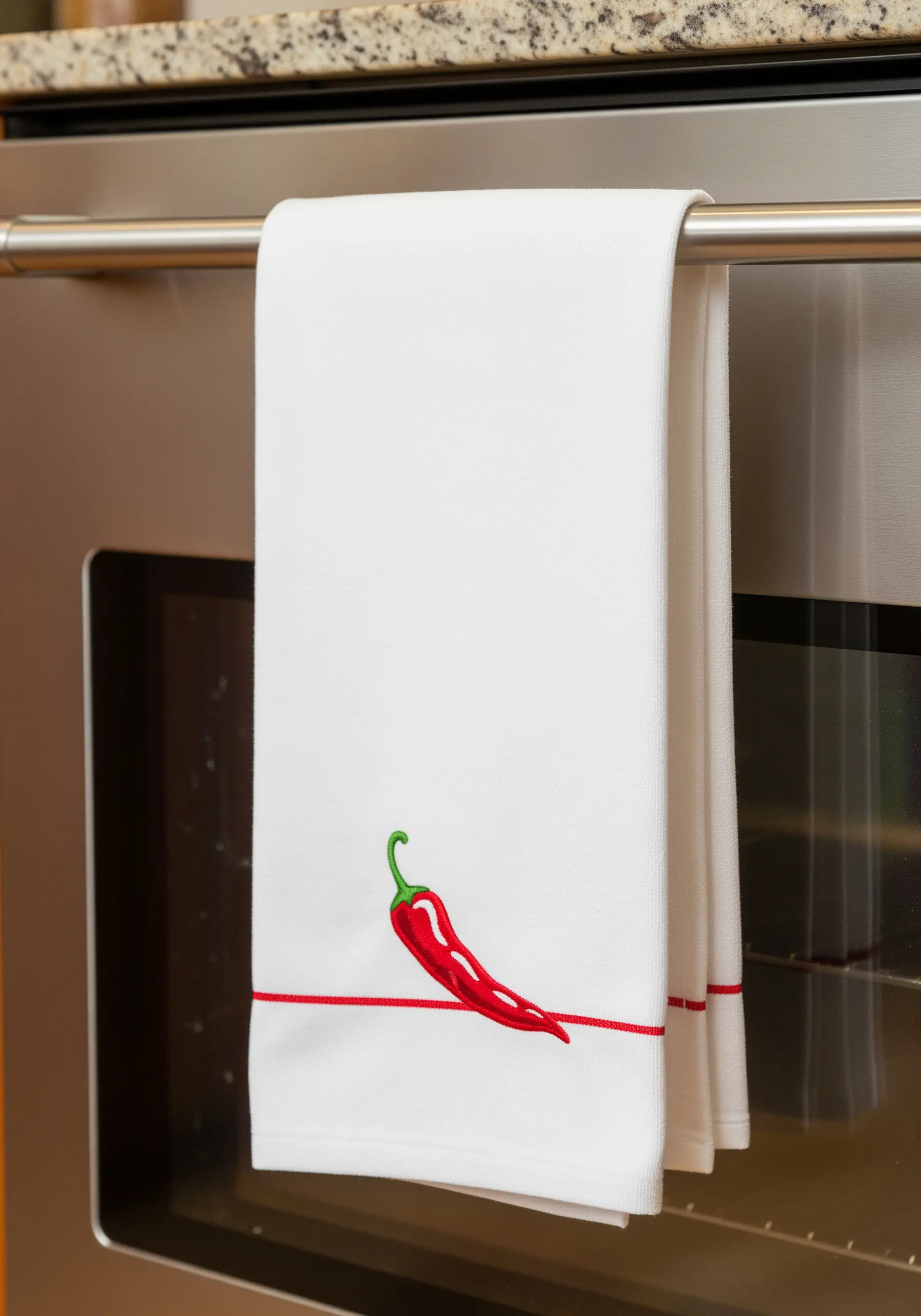 A red chili pepper embroidered on a kitchen towel, with its stem resting on a red stitched line.