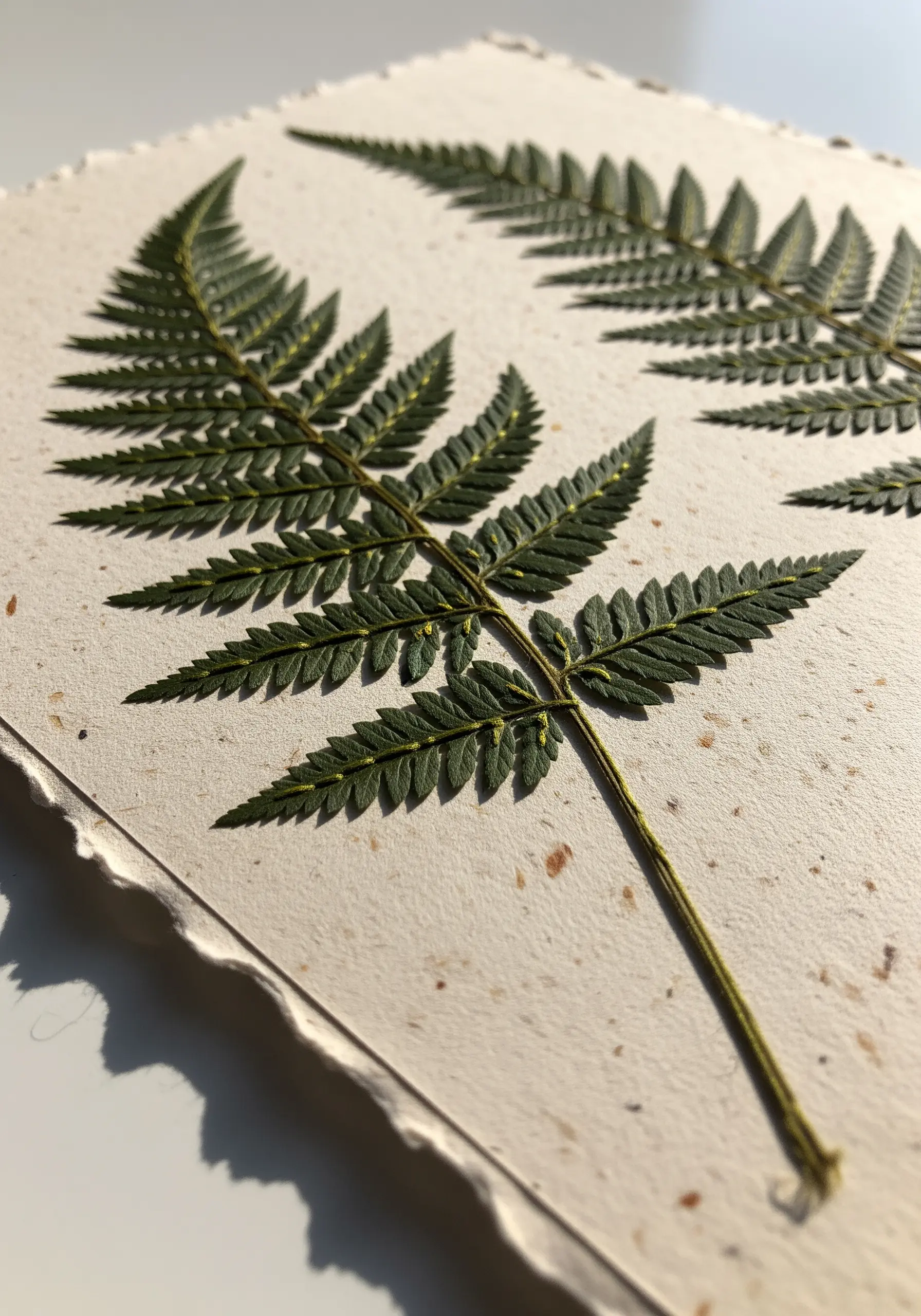 Pressed fern leaf on paper secured with delicate green backstitches along the spine