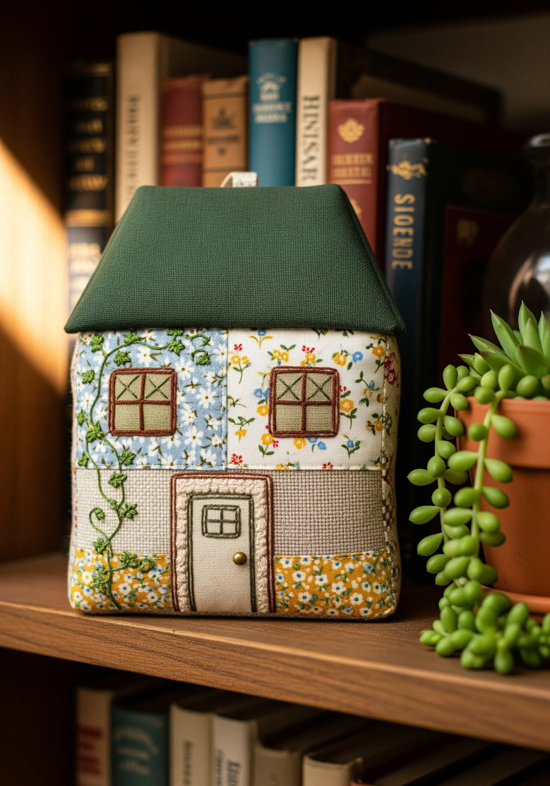Fabric house doorstop with embroidered vines and window details