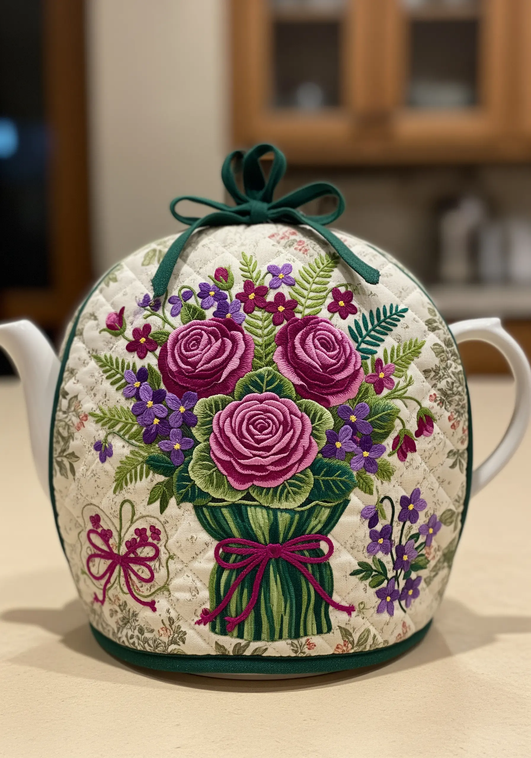 A quilted tea cozy decorated with an embroidered bouquet of pink roses.