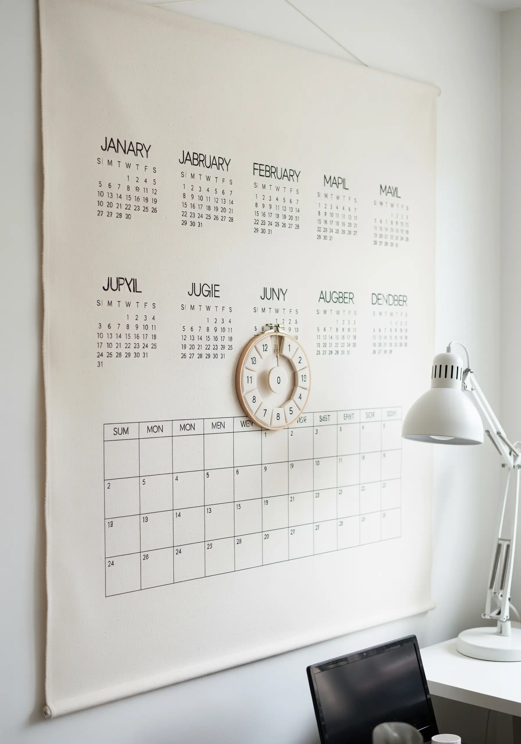 A fabric wall calendar with a small embroidery hoop clock stitched in the center.