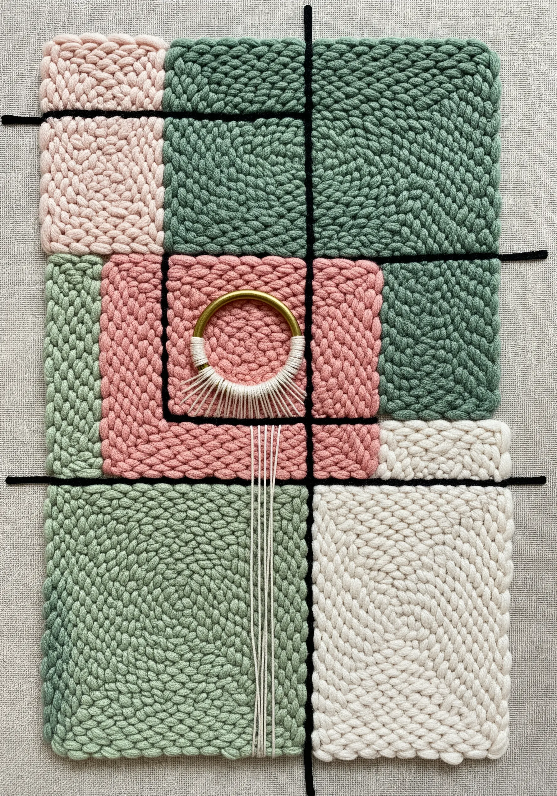 Modern geometric weaving with pastel blocks and a central brass ring with radiating threads.
