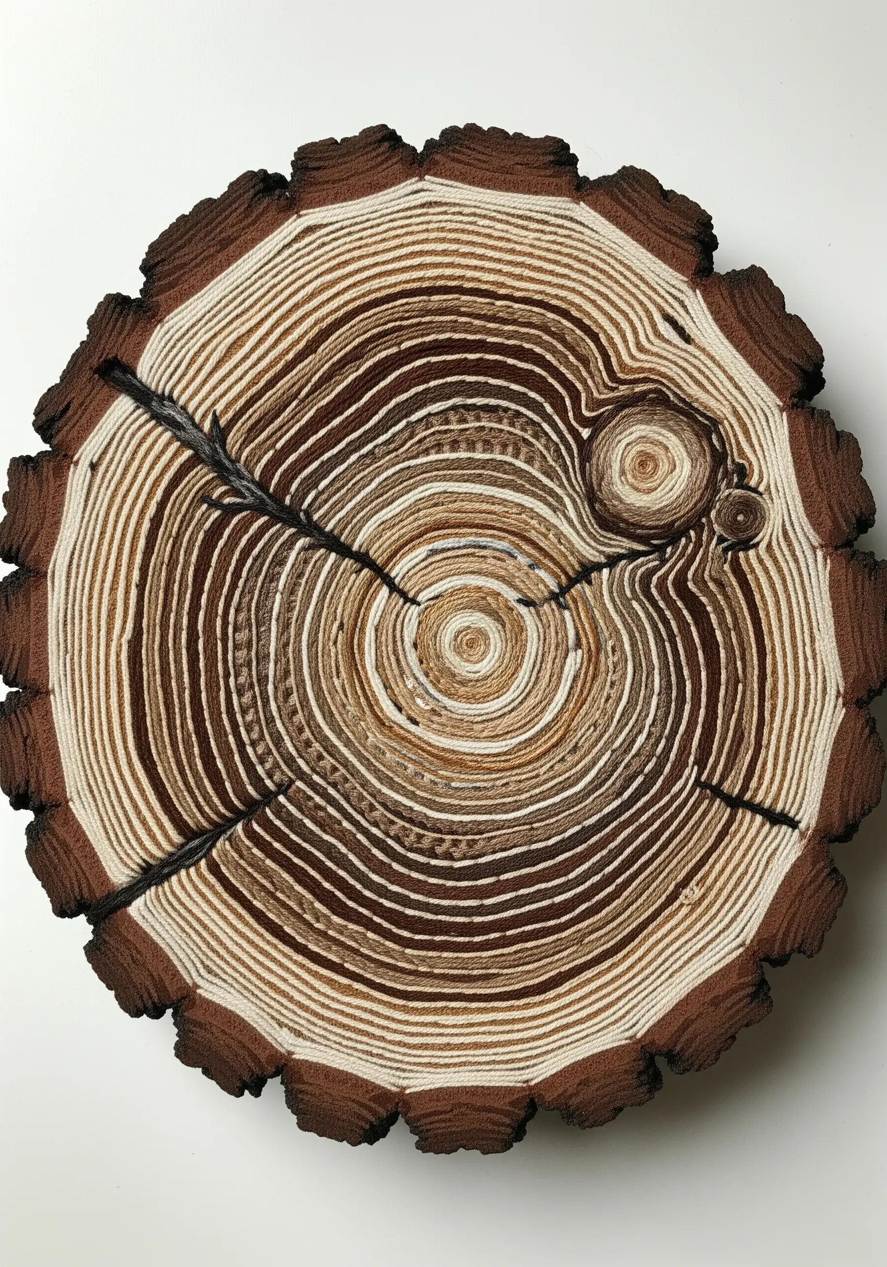 Highly detailed tree ring embroidery with varied stitches, including French knots and woven wheels.