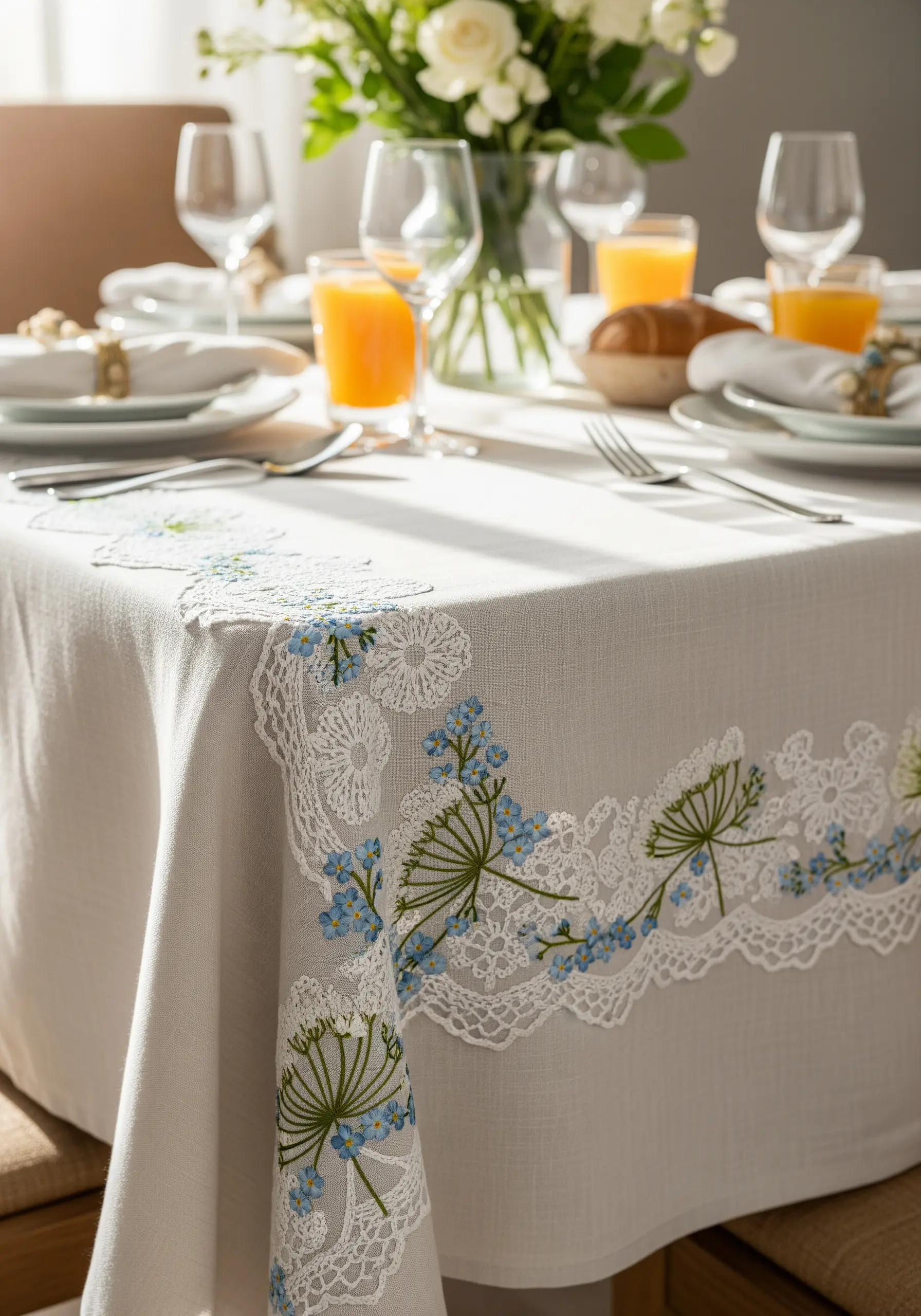 A linen tablecloth corner with an integrated white lace border and delicate blue floral embroidery.