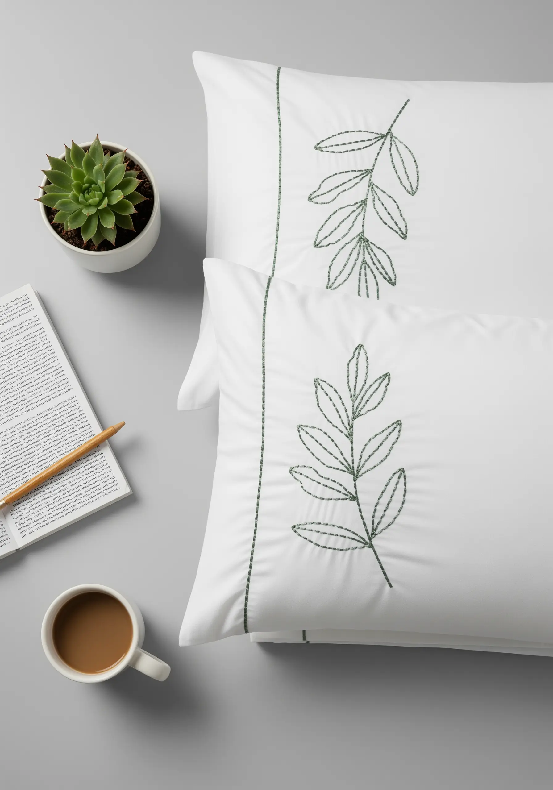 Green split-stitch embroidered leaf motif on a white pillowcase hem.