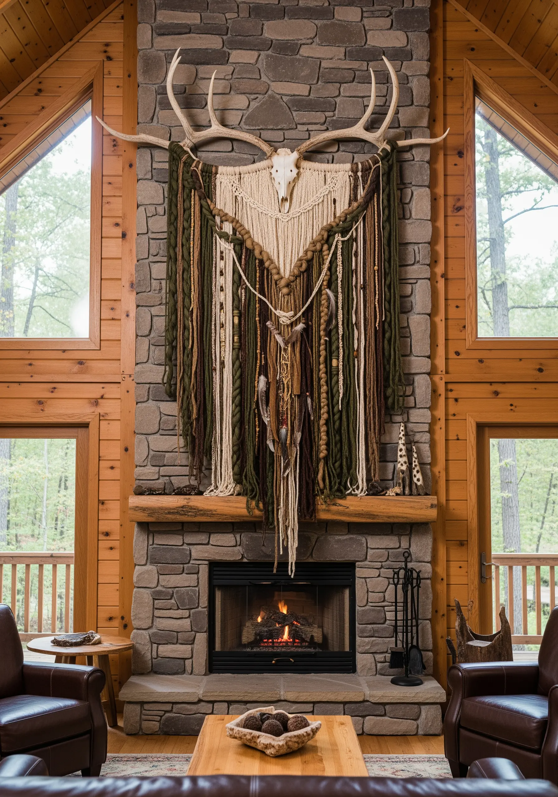 Macrame wall hanging mounted on deer antlers with earth tone yarns