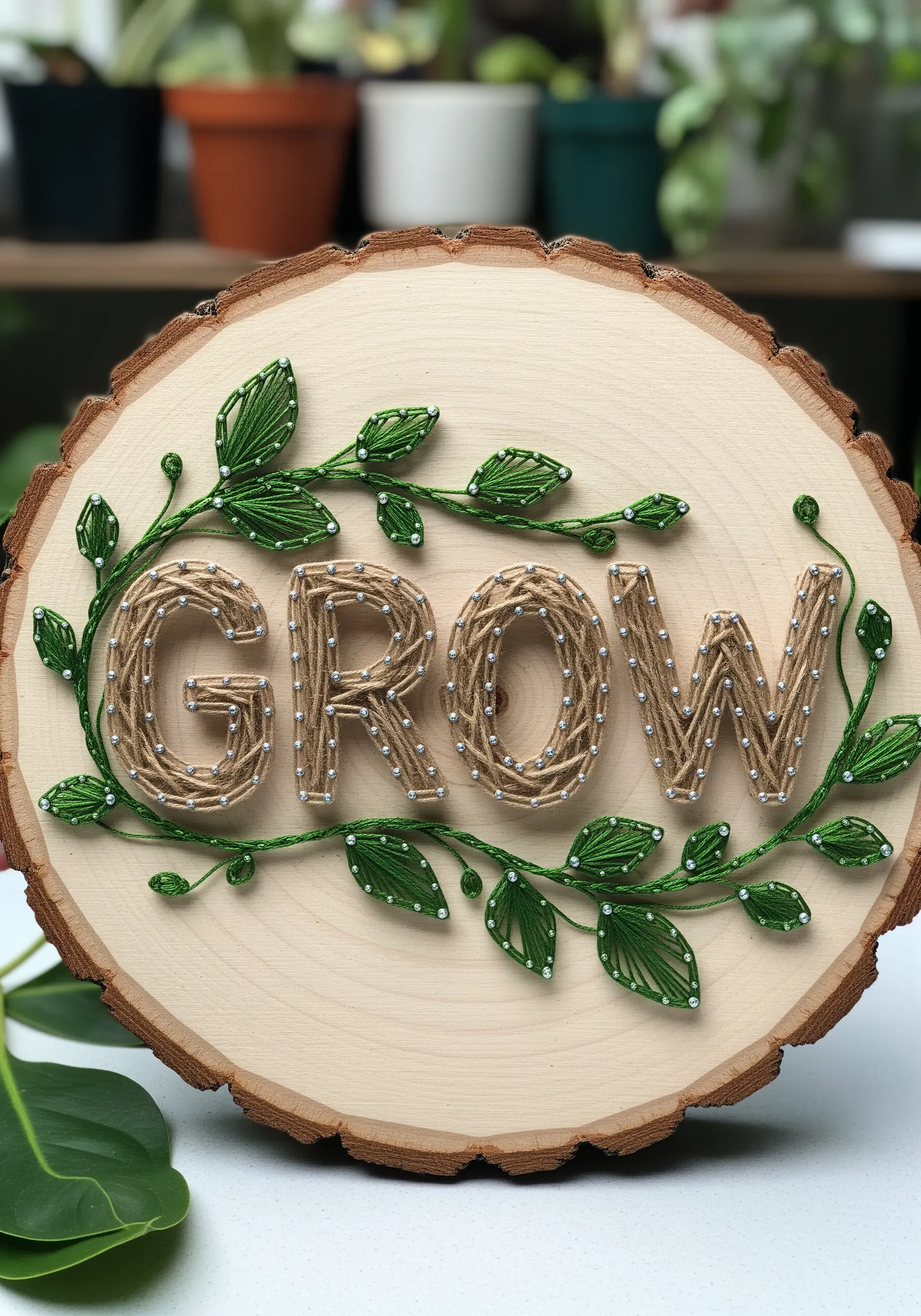 String art word GROW on a wood slice entwined with embroidered green vines