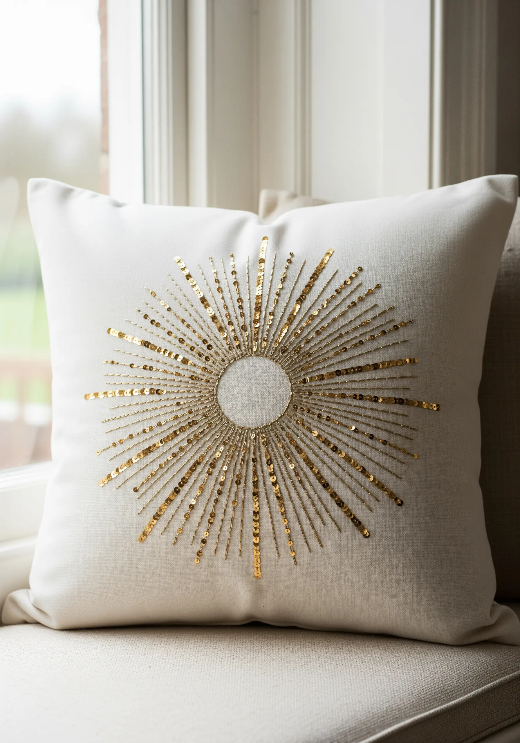 Sunburst design with gold thread rays and scattered gold sequins.