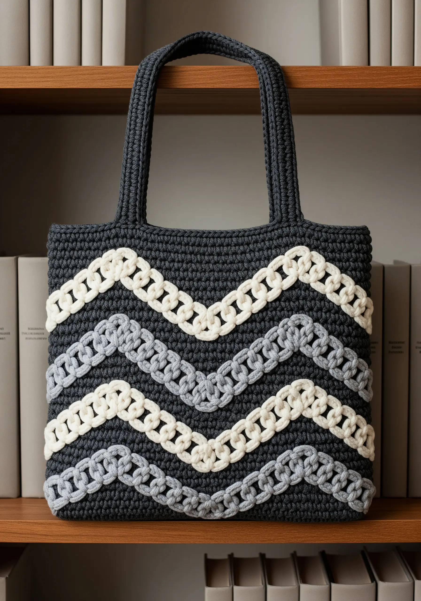 A dark gray crocheted tote bag with woven chevron patterns in white and light gray.