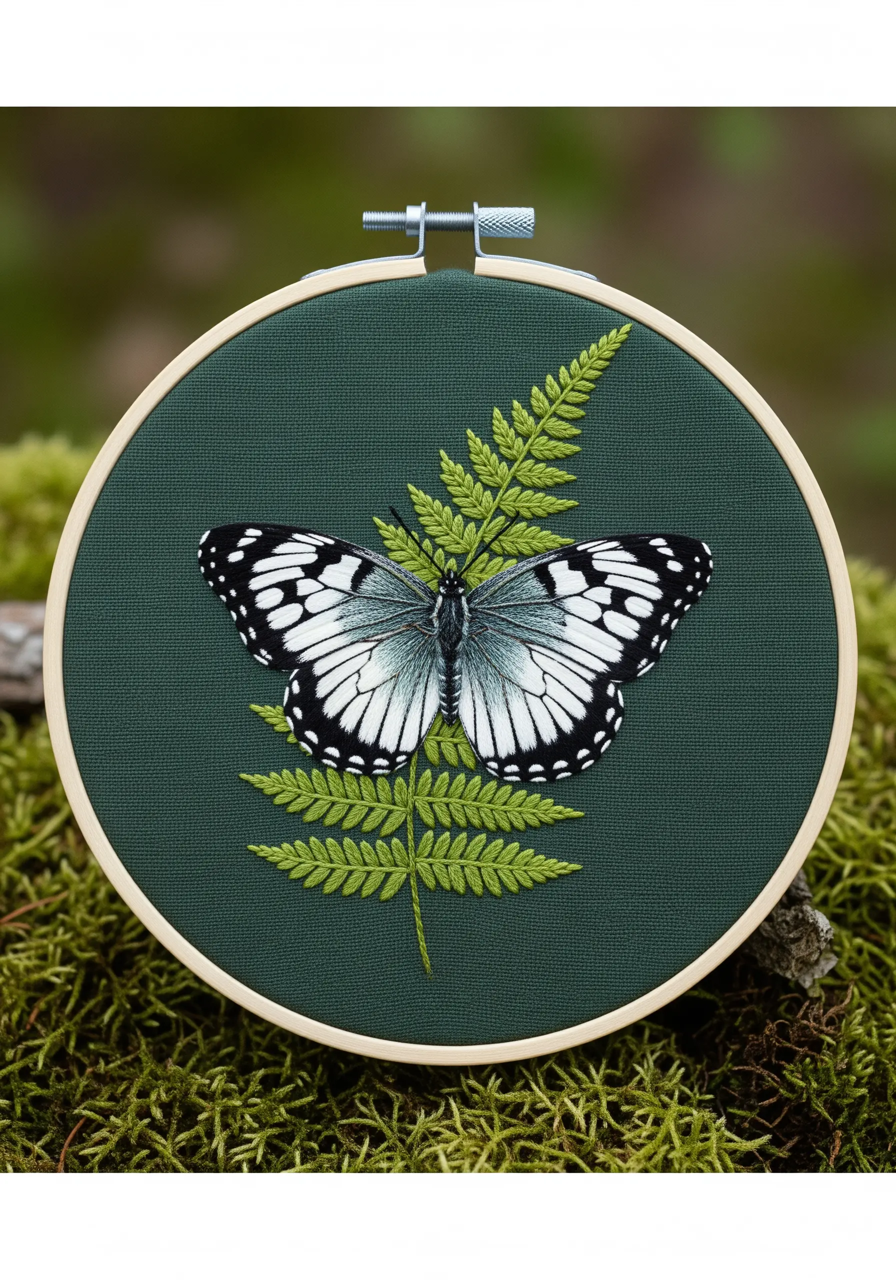 A black and white marbled butterfly resting on an embroidered fern against dark green fabric.