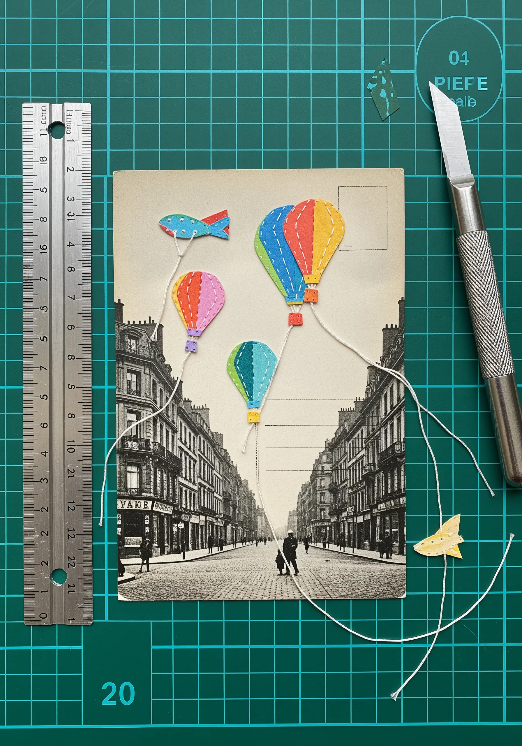 Vintage street postcard with colorful stitched paper hot air balloons
