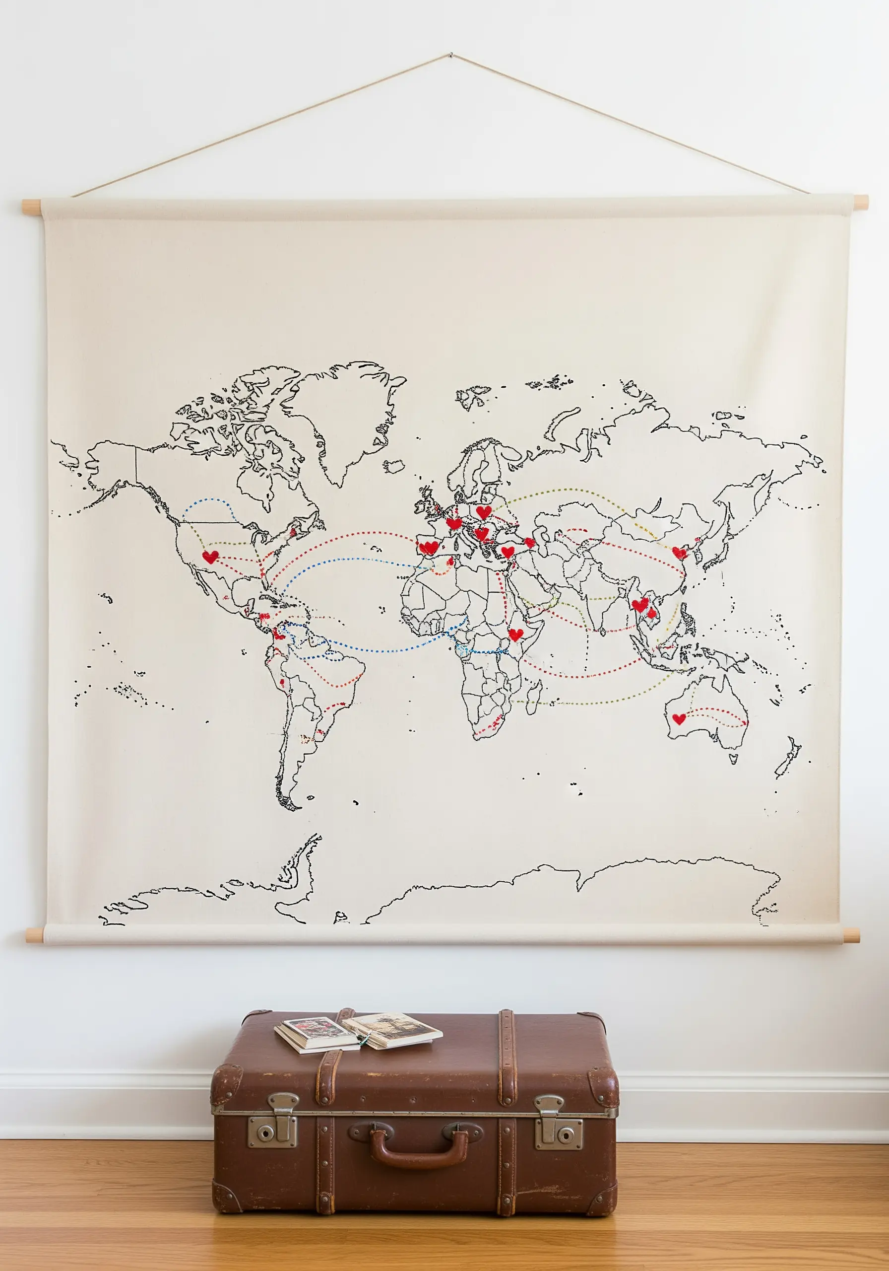 Large canvas wall map with embroidered hearts and dotted lines tracing travel routes.