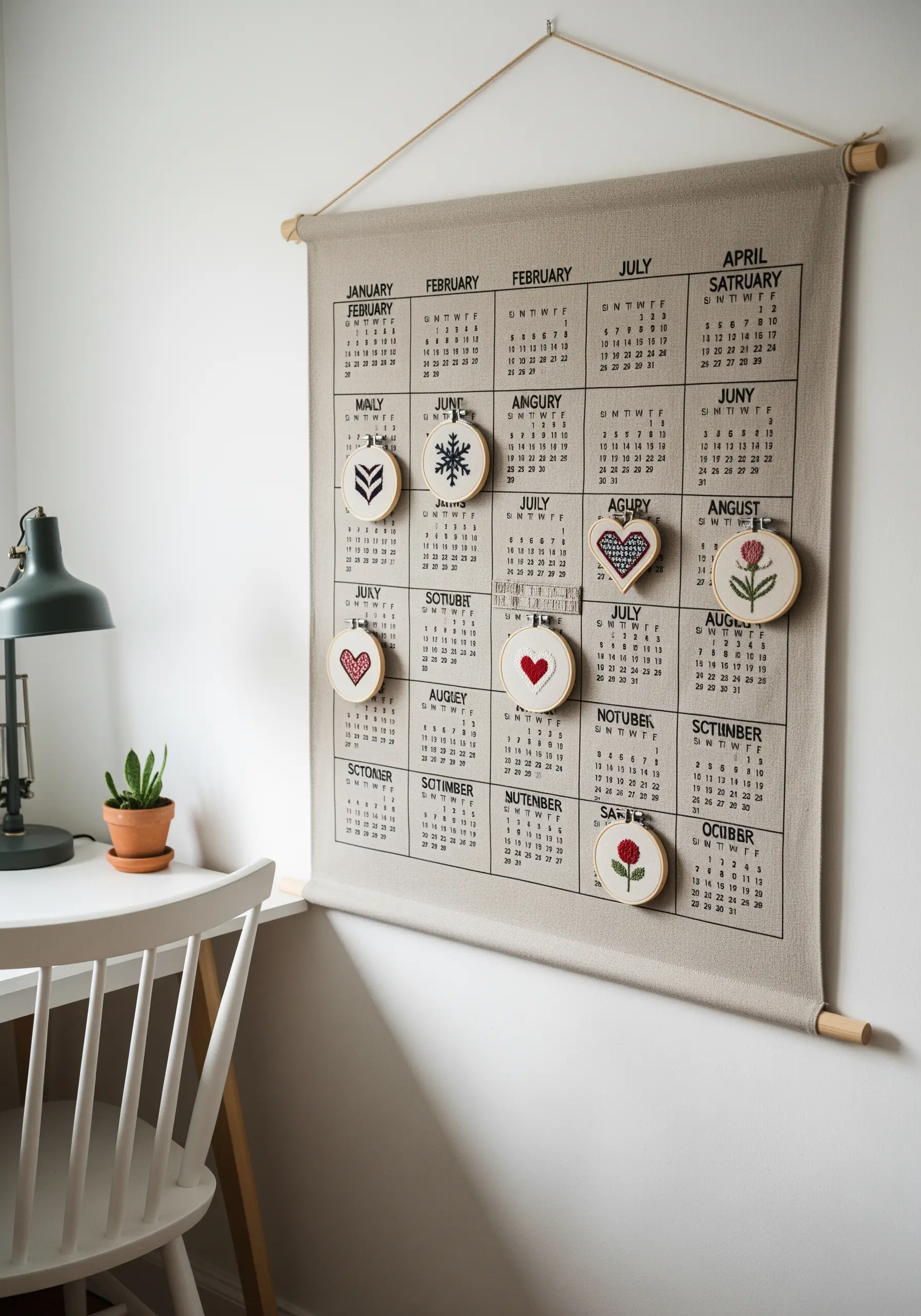 A large fabric wall calendar with small, interchangeable embroidery hoops marking different months.