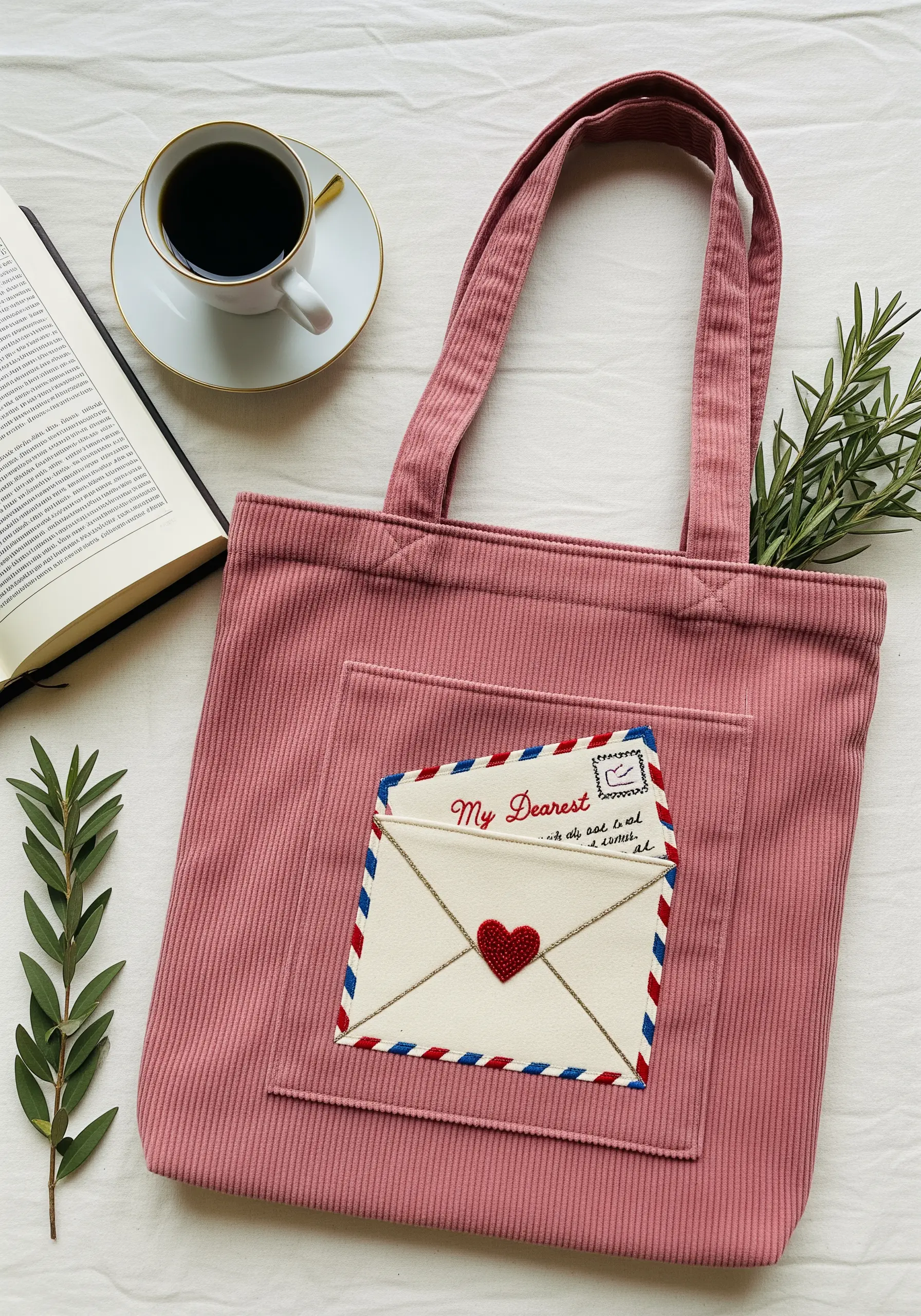 Embroidered love letter appliqué pocket on a pink corduroy tote bag with a red heart seal.