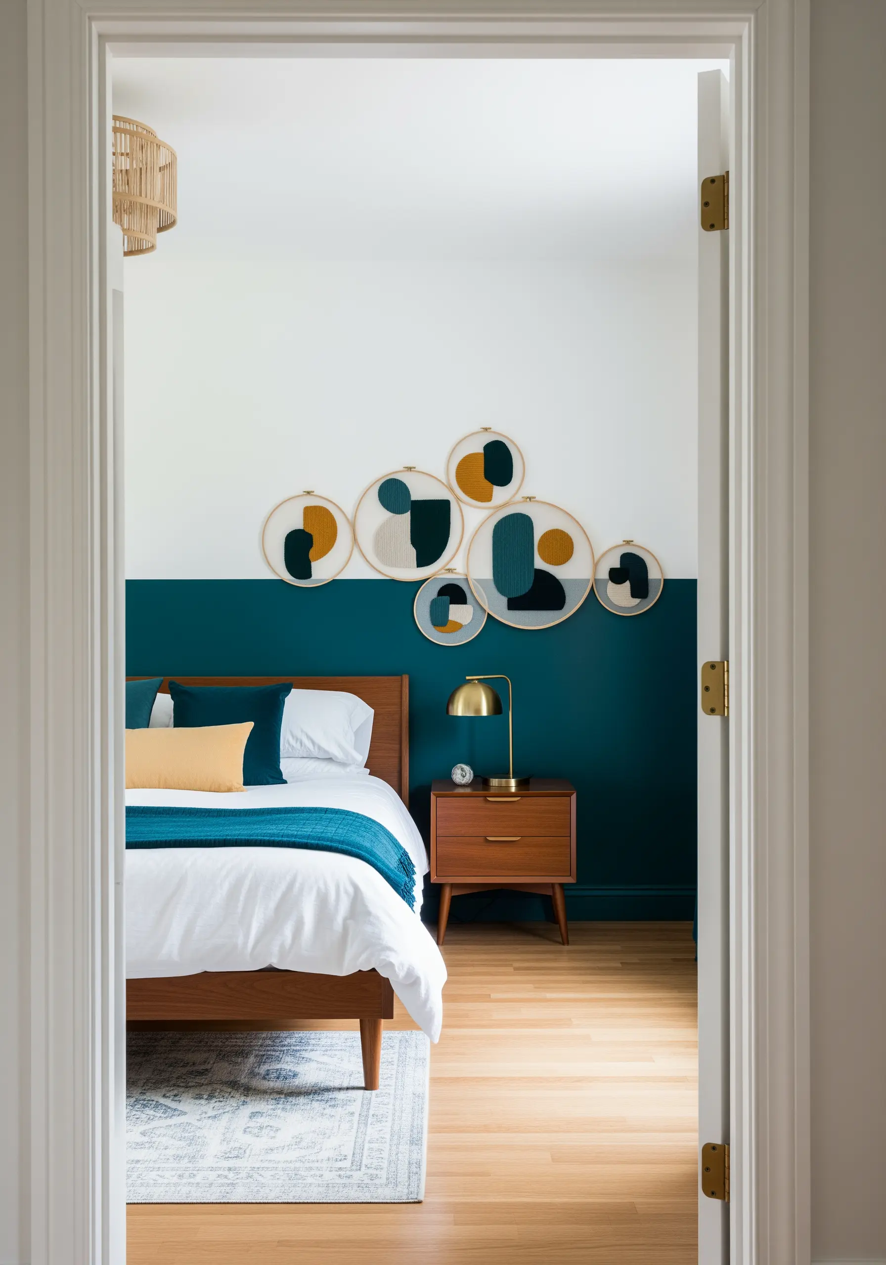 Abstract color-block embroidery hoops arranged on a dark teal wall