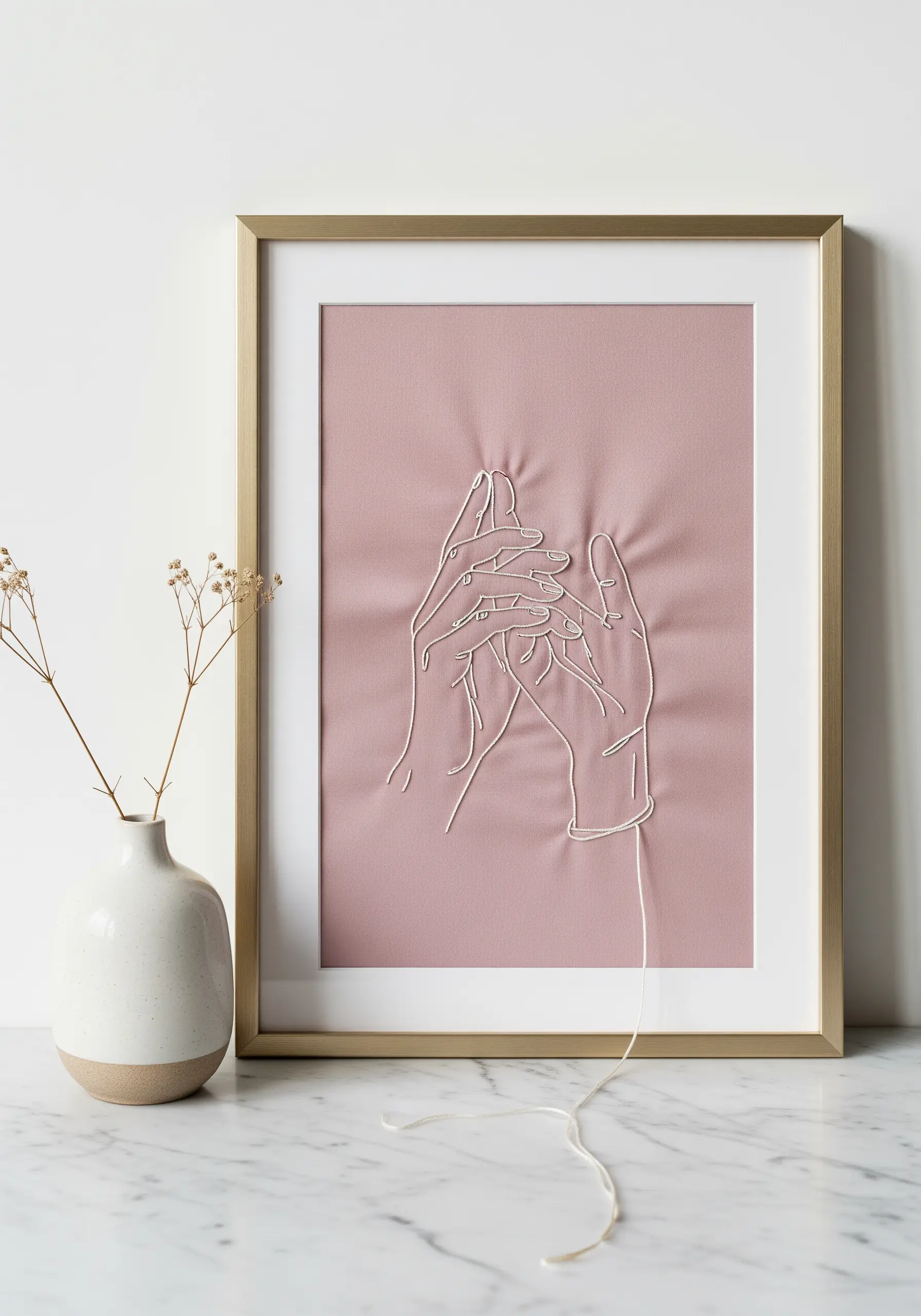 Two hands interlaced, embroidered in white thread on pink fabric, with one thread trailing.