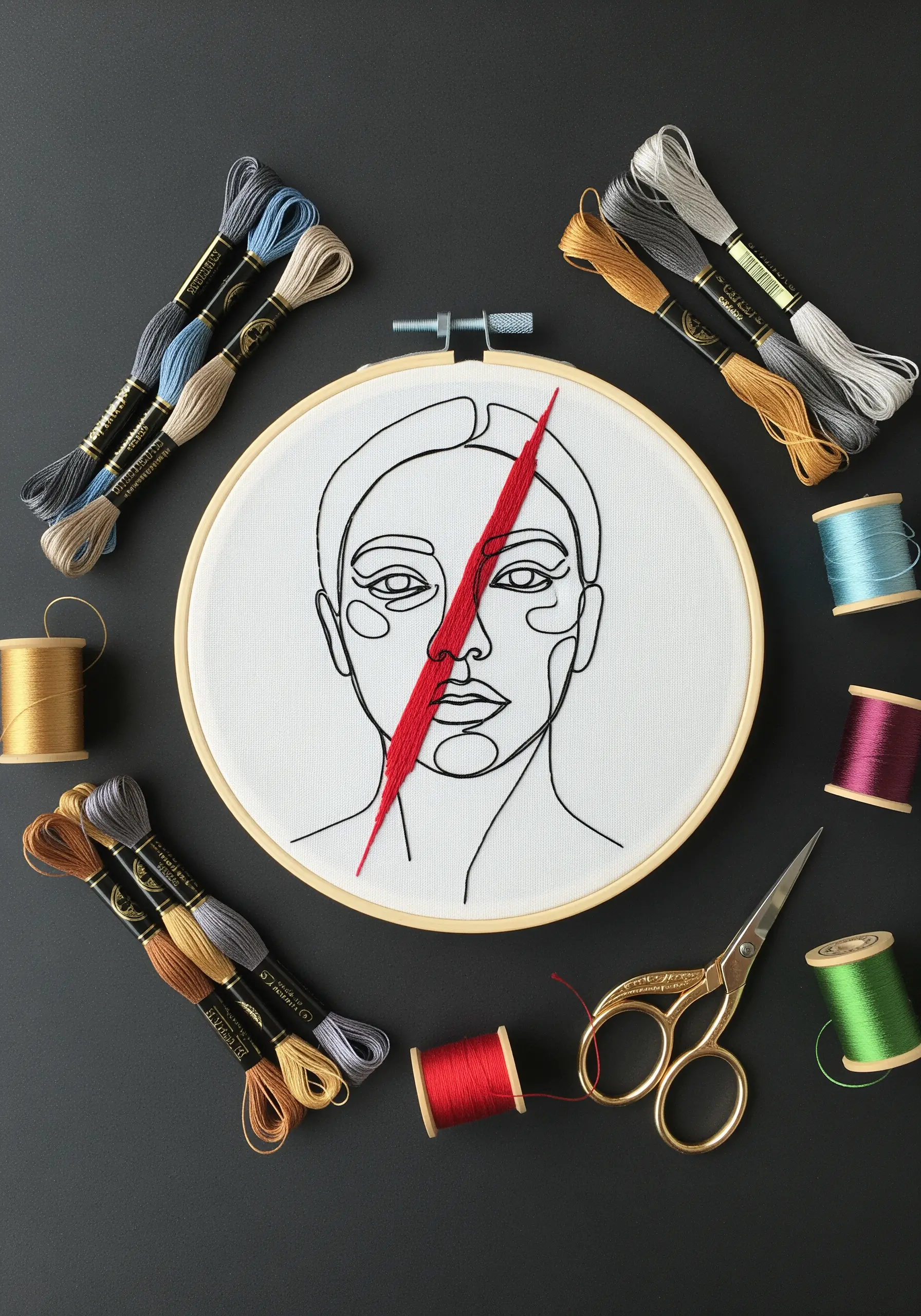 A minimal line art portrait in a hoop, interrupted by a bold slash of red textured embroidery.