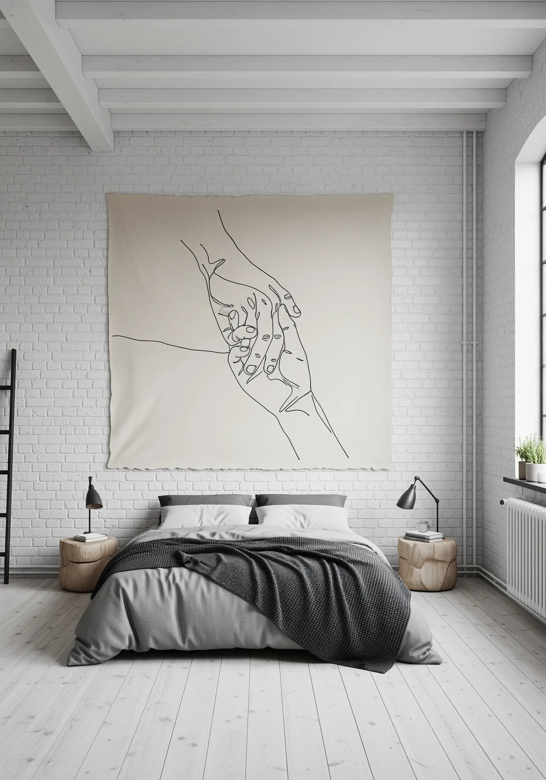 Large-scale line art embroidery of two holding hands on a canvas tapestry.