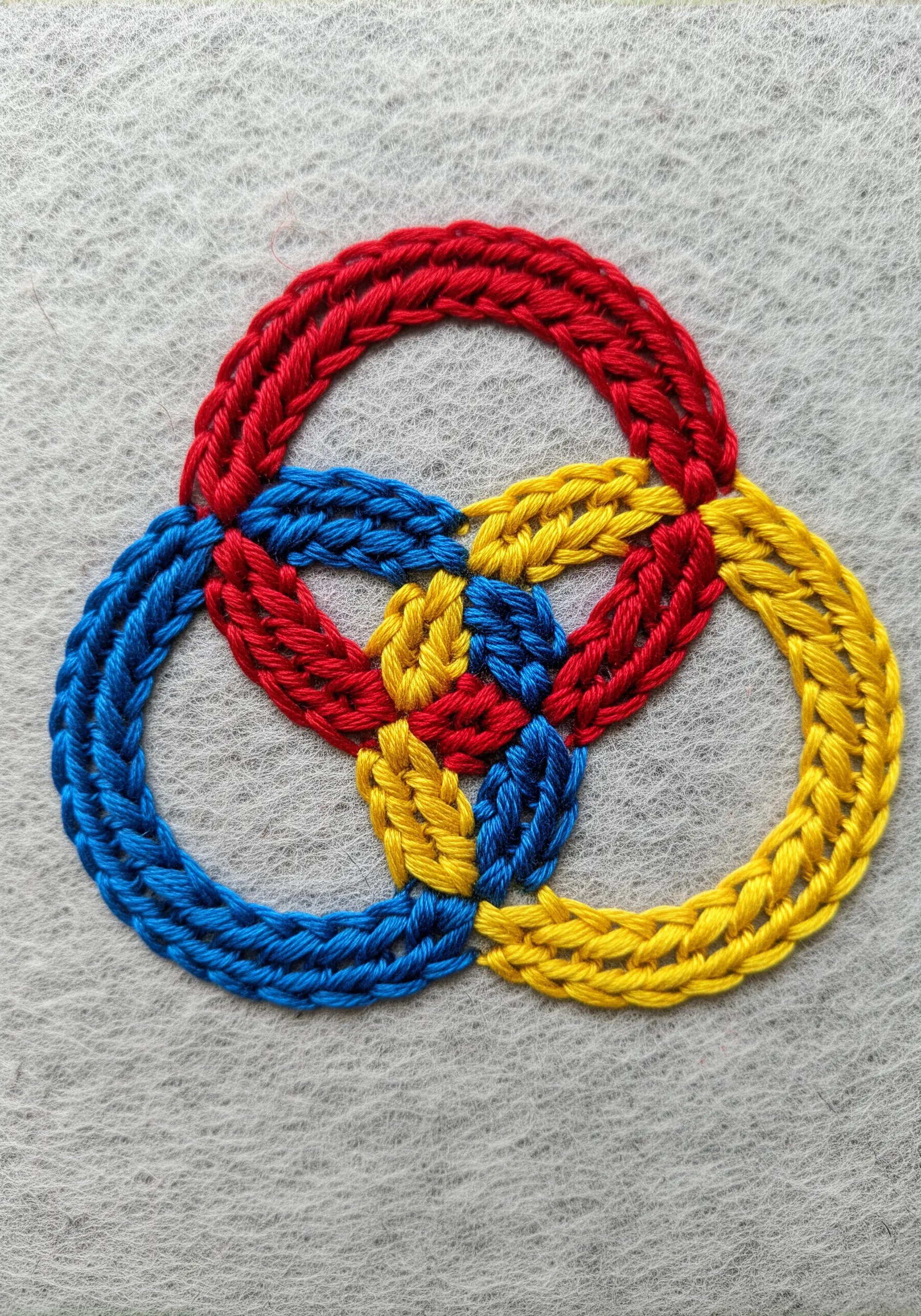 Three interlaced rings embroidery in red blue and yellow chain stitch