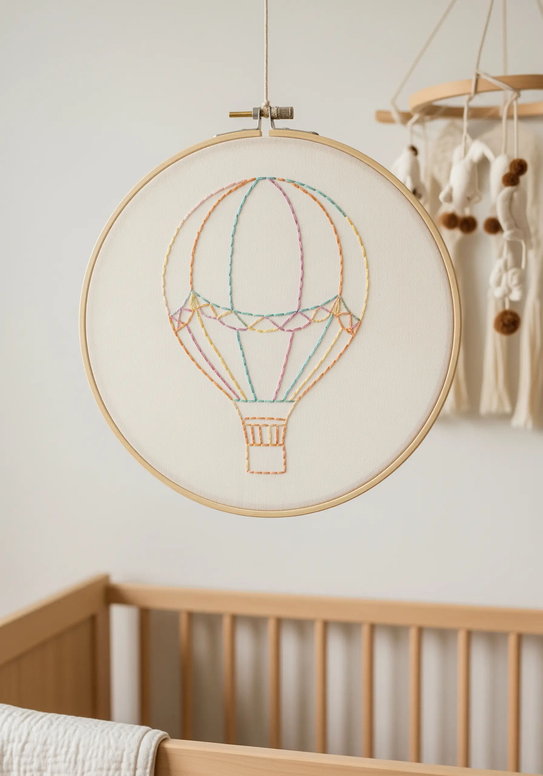 A hot air balloon outlined with intersecting pastel-colored threads on white fabric in a hoop.
