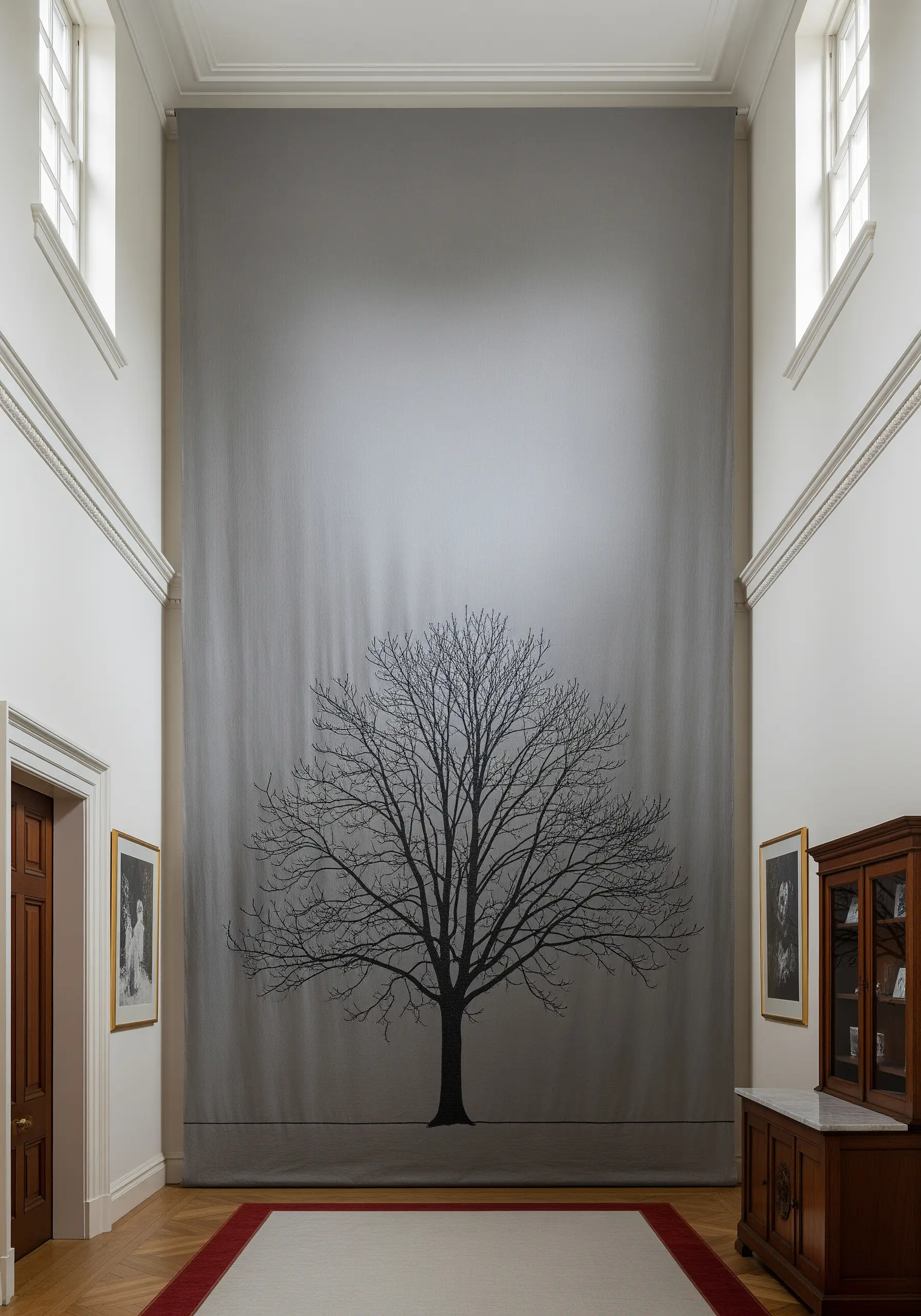 A large grey wall hanging with a detailed, realistic tree stitched in fine black thread.