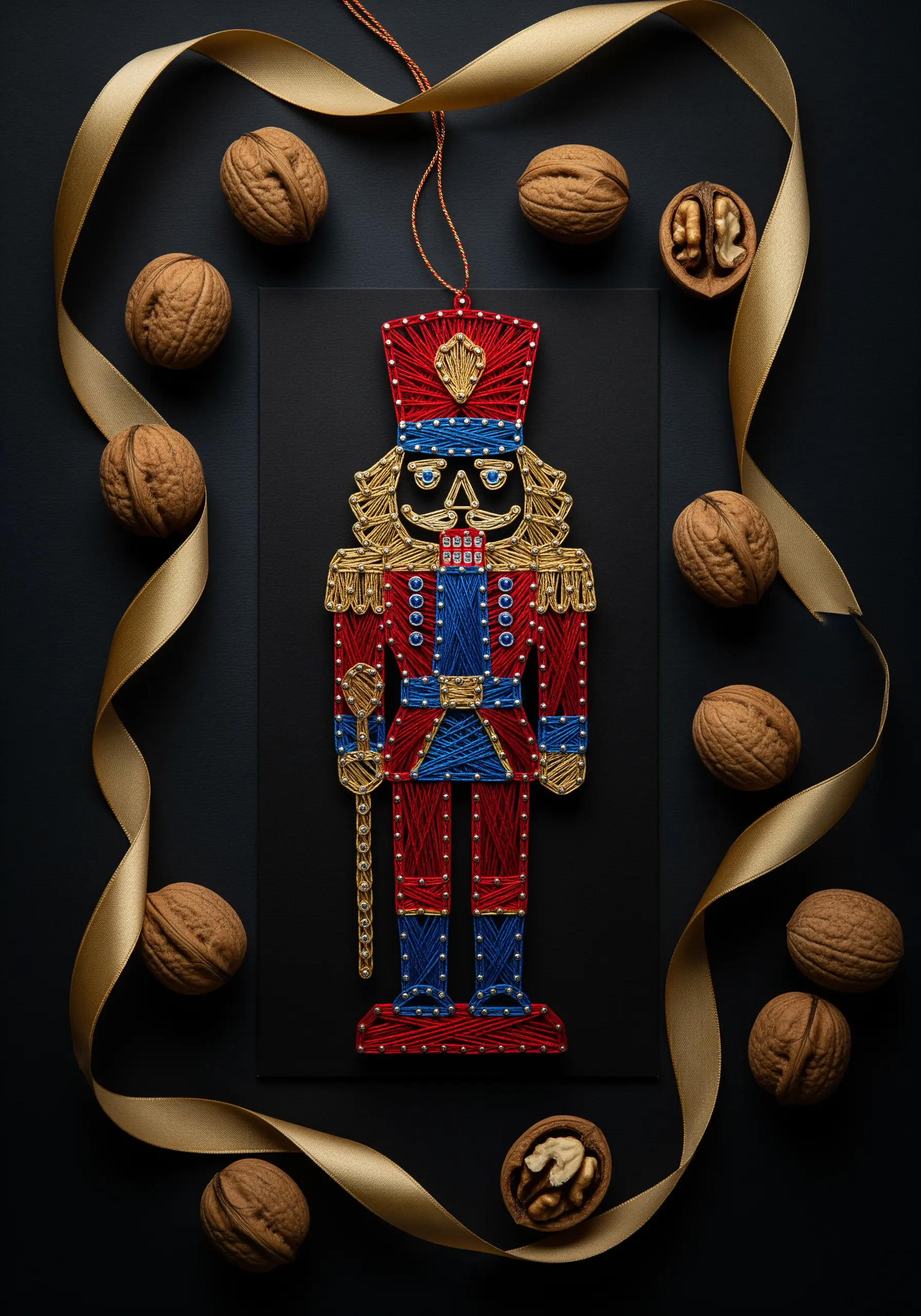 A highly detailed string art nutcracker in red, blue, and gold.