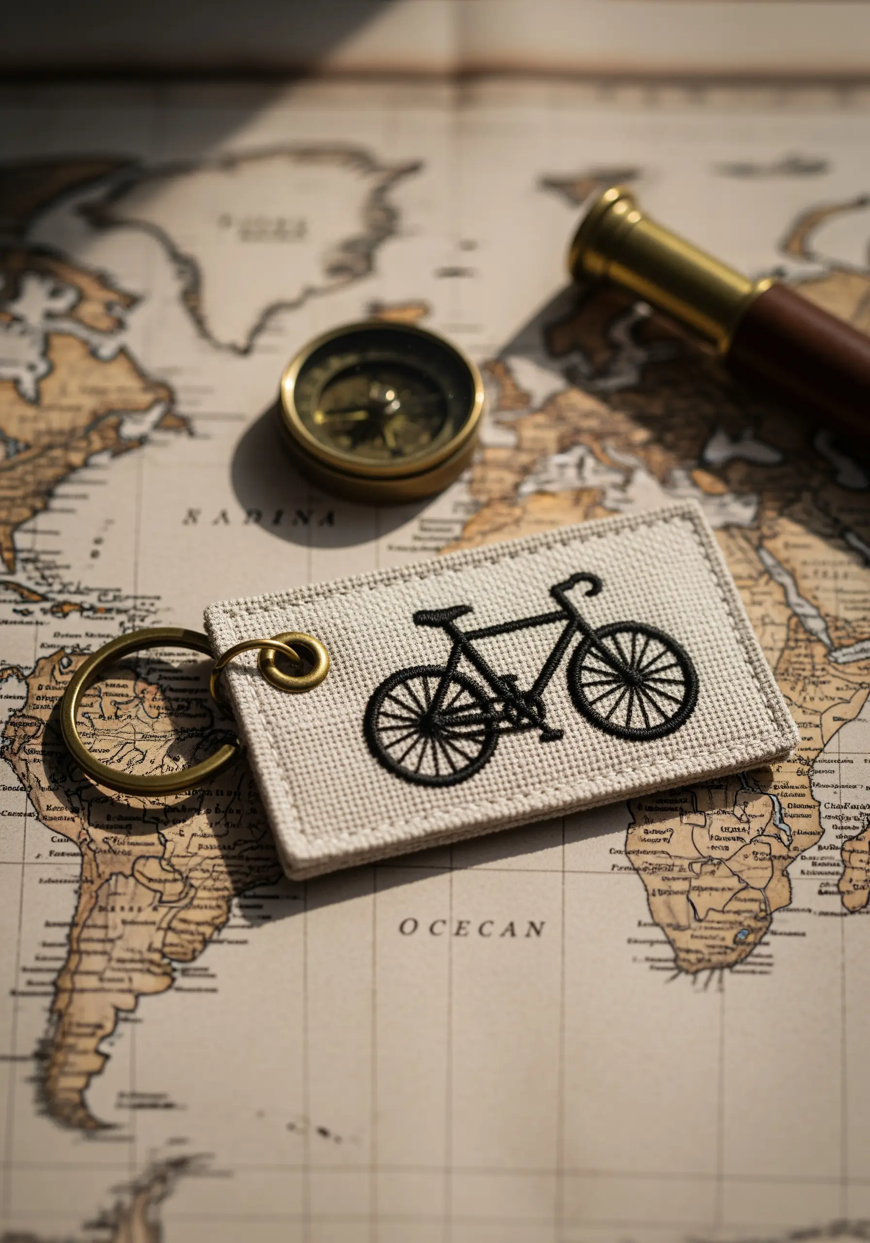 Detailed black backstitch embroidery of a bicycle on a cream fabric keychain